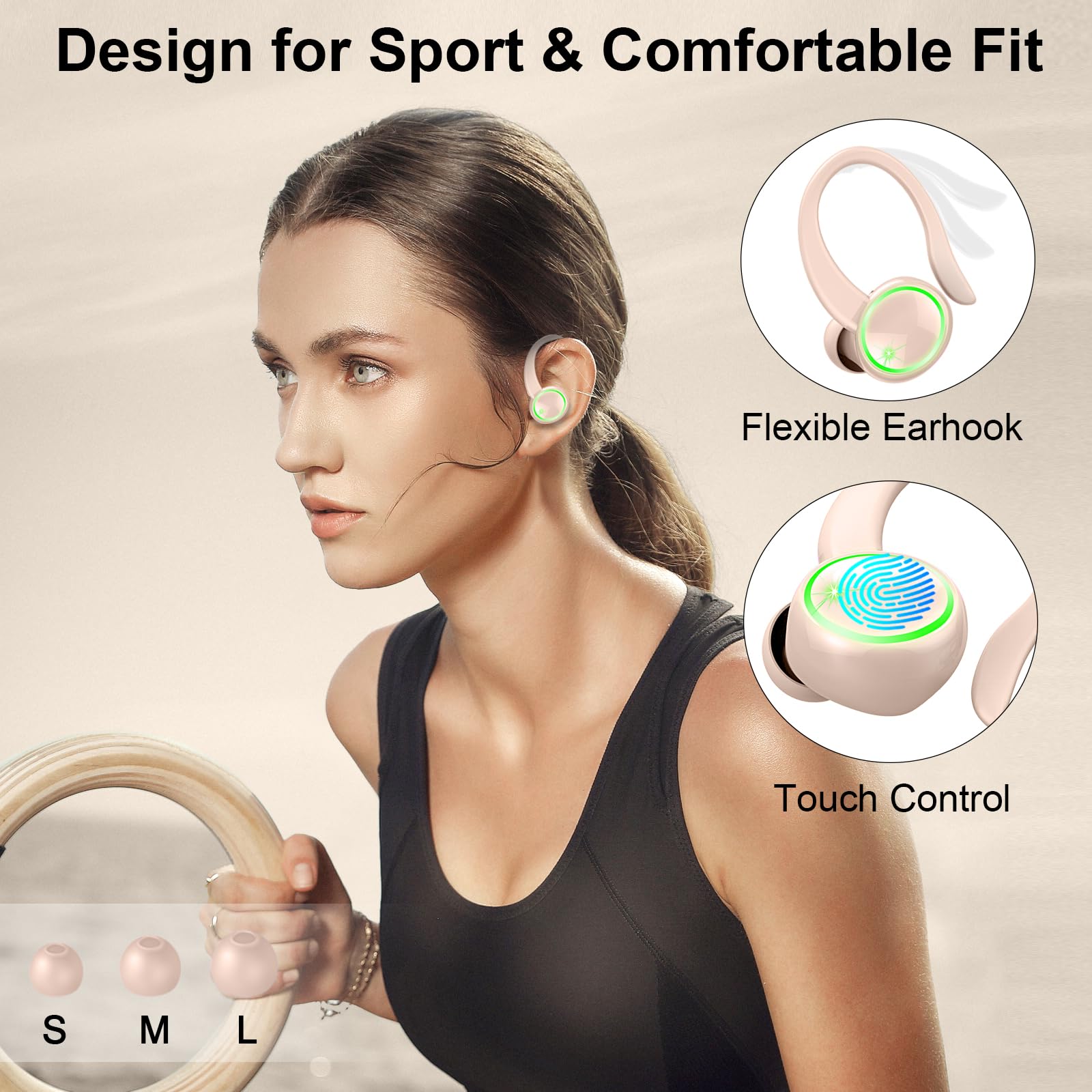 Wireless Bluetooth Earbuds for Sports with 50H Playback, ENC Noise Cancelling Mic & HiFi Stereo - IP7 Waterproof Over-Ear Headphones with Earhooks for Running, Workout, Gym, Travel & Daily Commute