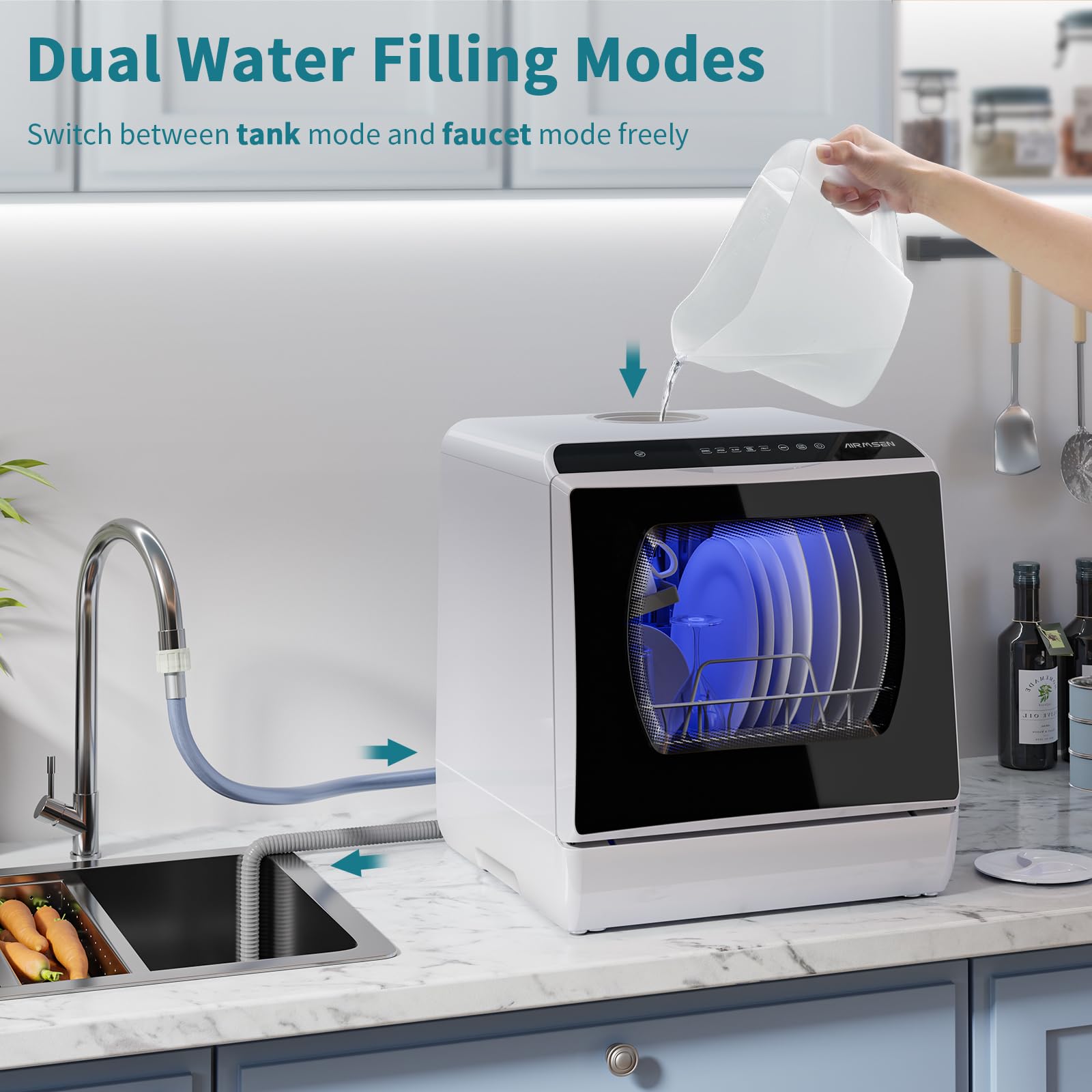 Portable Countertop Dishwasher - 5 Wash Programs, 5L Built-in Water Tank & Double-Layer Glass Door - No Plumbing Required for Home, Apartment, RV & Small Kitchen Use | Compact Dishwashing Solution for Dorms, Camping & Tiny Houses