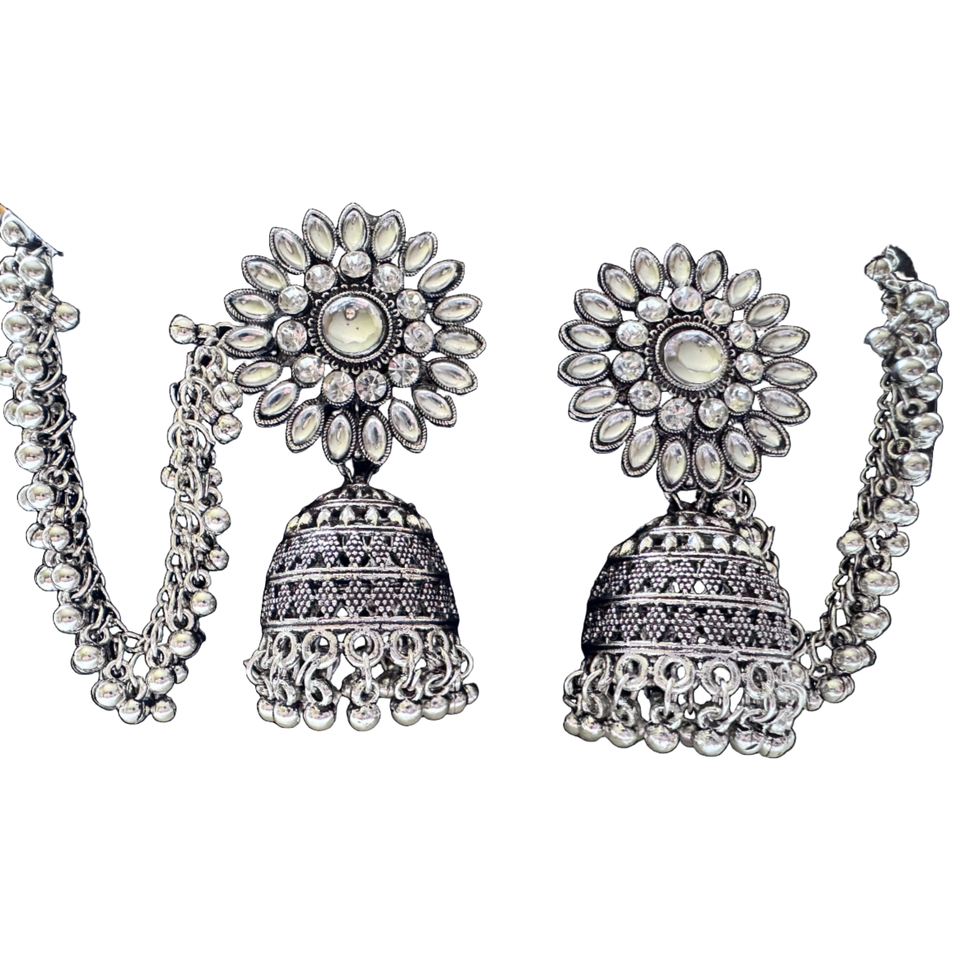 Exquisite Jhumka Earrings with Long Chain Tassels - Traditional Indian Ethnic Jewelry for Women - Perfect for Weddings, Parties, and Festive Occasions