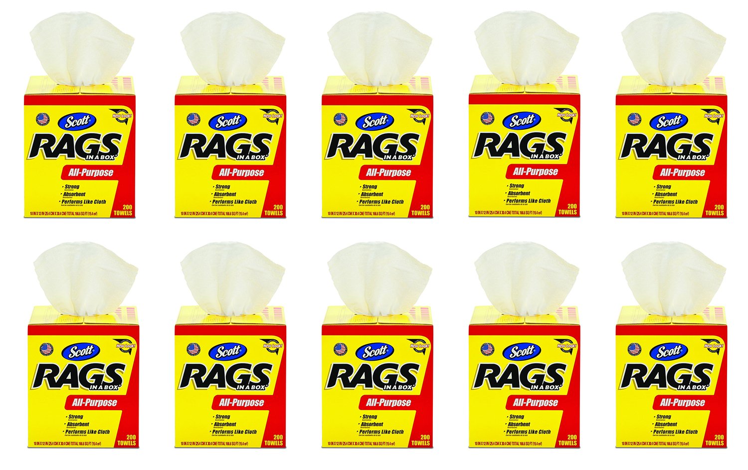 Kimberly-Clark Scott 75260 White Industrial Rags in a Box - 10 Boxes of 200 Towels (2000 Total) for Workshop, Garage & Cleaning | Bulk Commercial-Grade Shop Towels