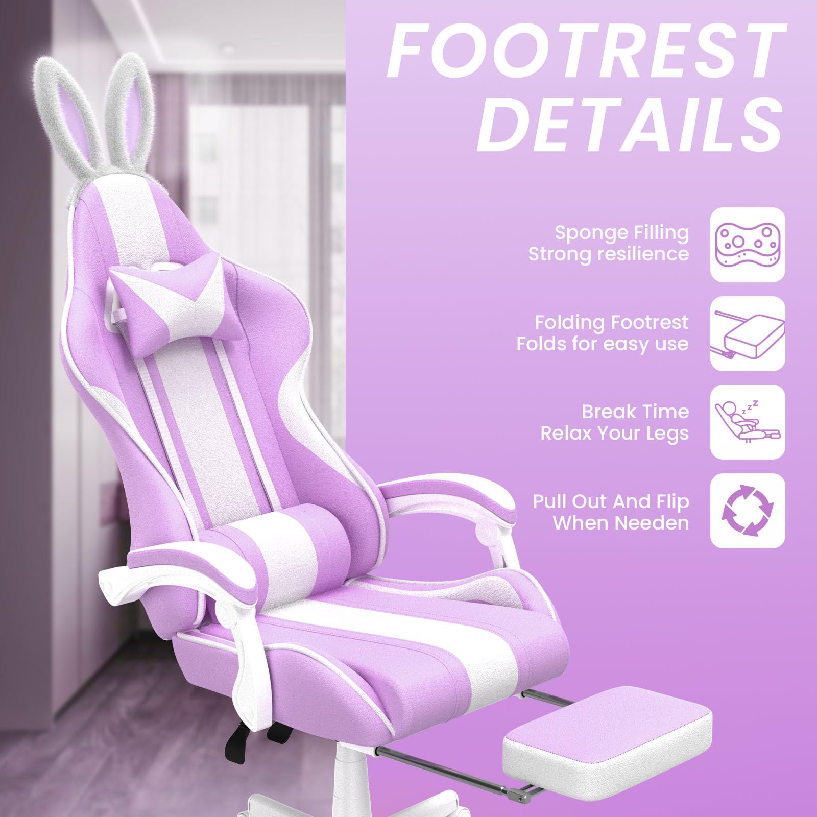 Kawaii Light Purple Gaming Chair with Bunny Ears - Ergonomic Cute Gamer Chair with Footrest & Massage - Racing Reclining Leather Computer Chair for Girls, Adults, Teens & Kids - Perfect for Gaming, Streaming, Home Office & Dorm Room Setup