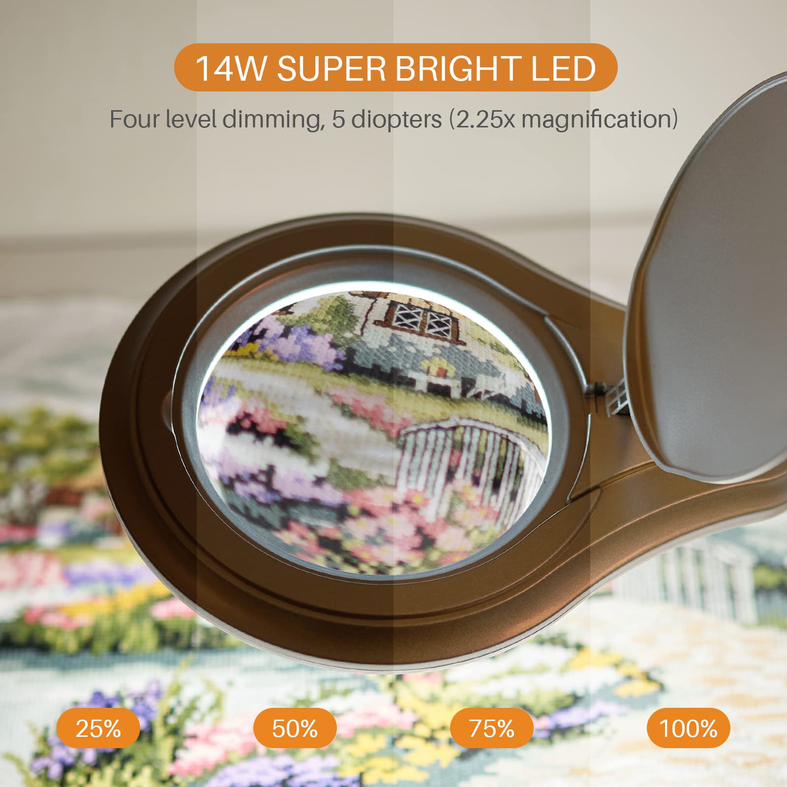 5 Inch LED Magnifying Desk Lamp with Clamp - 2.25X Magnification, 60PCS Bright LEDs & 1200 Lumens Dimming Light, Metal Swing Arm for Crafts, Reading, Jewelry Making & Detailed Work (Silver)