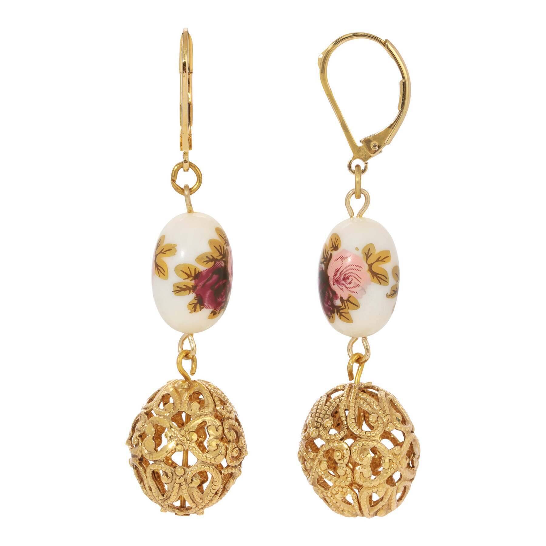 Vintage 1928 Jewelry Manor House Filigree Puff Ball Flower Bead Dangle Earrings - Elegant Floral Statement Earrings for Women, Perfect for Weddings, Parties & Special Occasions