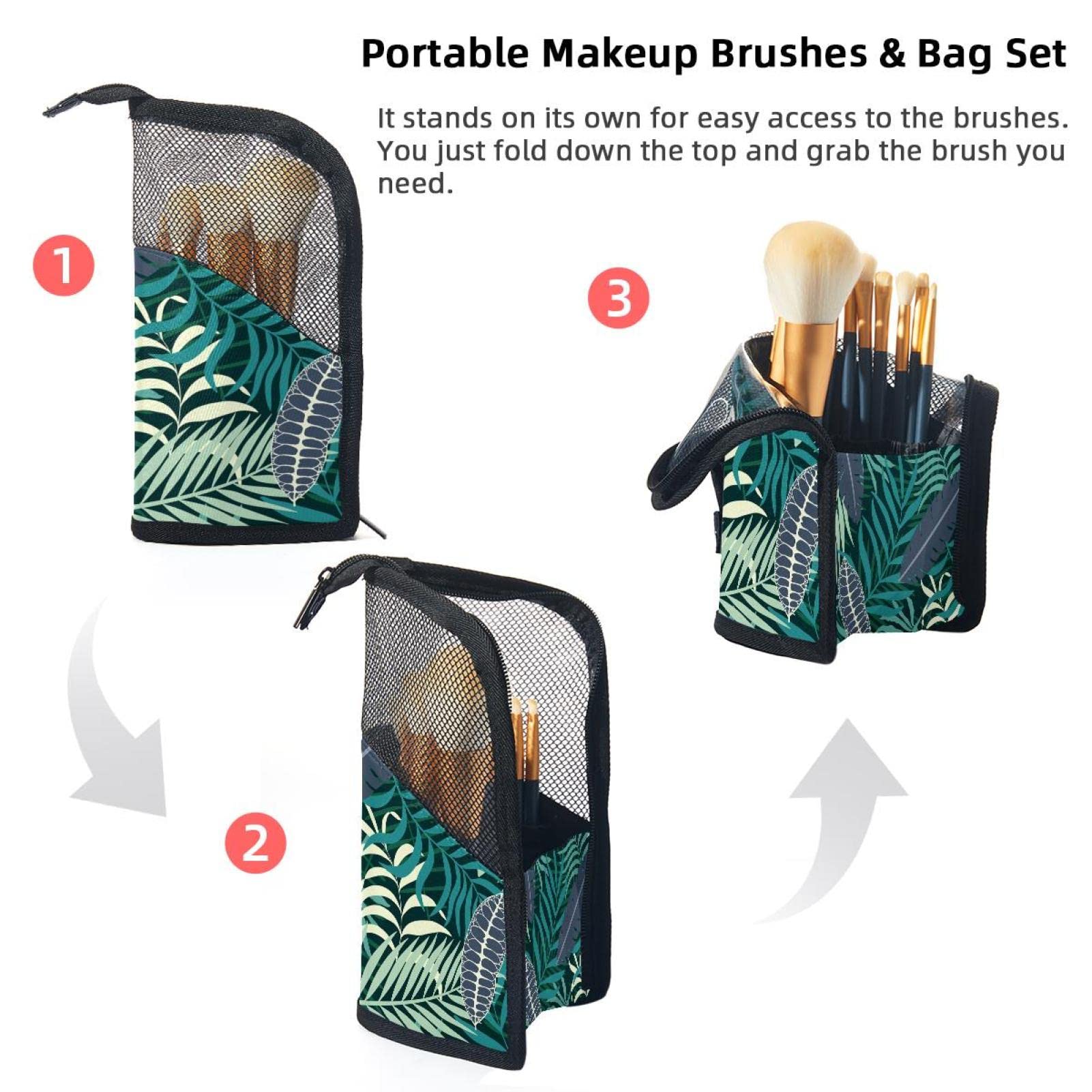 Premium 12-Slot Makeup Brush Organizer Bag - Tropical Leaves Green & Gray Portable Travel Case | Perfect for Makeup Artists, Travel & Home Storage
