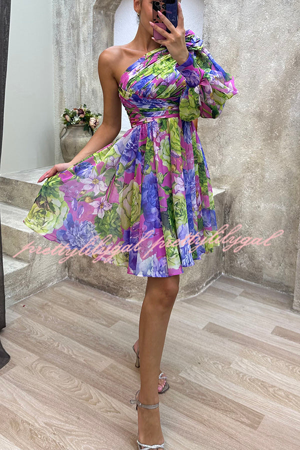 Floral Print Pleated One Shoulder Mini Dress for Women - Elegant Swing Summer Dress for Party, Wedding & Vacation