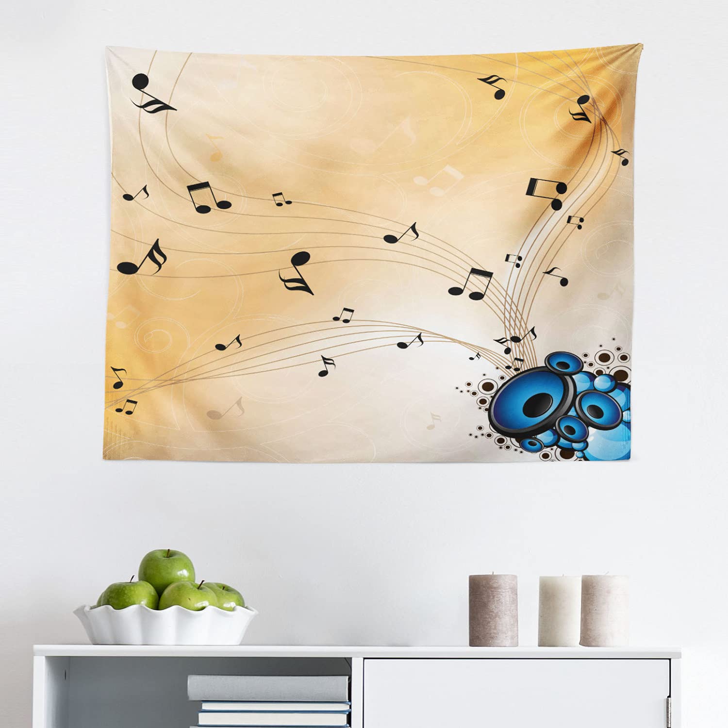 Ambesonne Abstract Music Tapestry Wall Art - Flying Notes & Speaker Sound Wave Design, 28x23 Inch Fabric Wall Hanging Decor for Bedroom, Living Room, Dorm - Black Blue Sand Brown | Perfect for Music Lovers' Home Decor & Gift Ideas