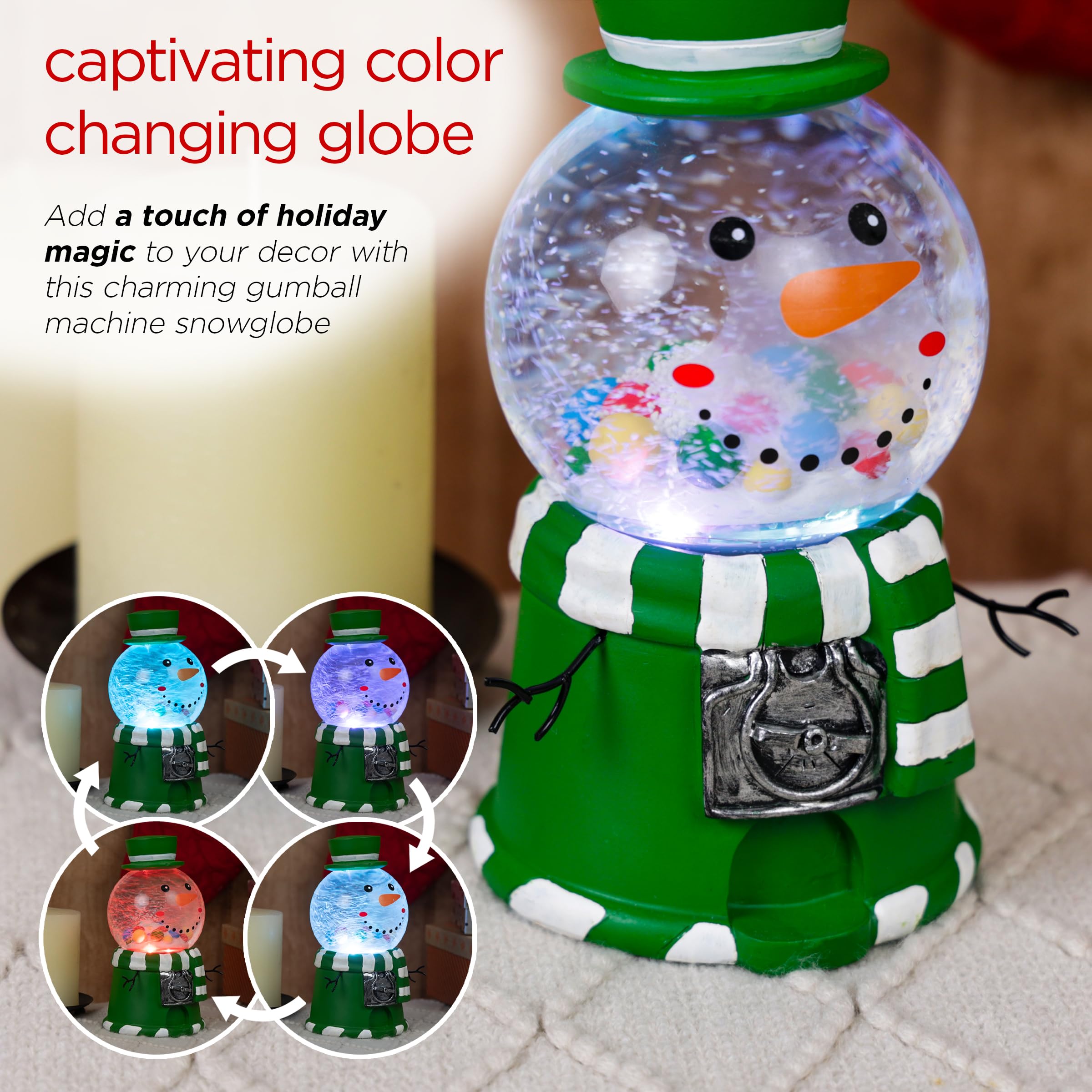 LED Snowman Green Gumball Machine Snow Globe - Christmas Decor, Gift Idea for Kids & Collectors | Perfect for Holiday Home Decor, Office Desk Display & Winter Wonderland Theme Party