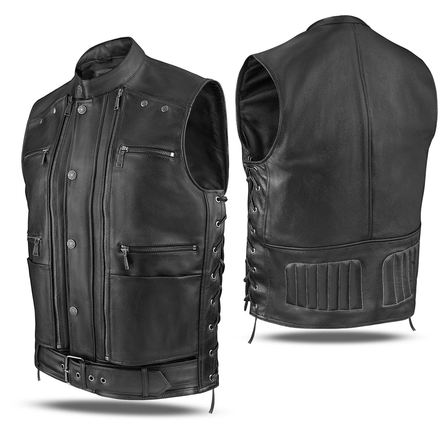 Premium Men's Black Leather Motorcycle Vest - Genuine Cowhide Adjustable Sides - Biker Jacket for Riding, Outdoor Adventures & Casual Style