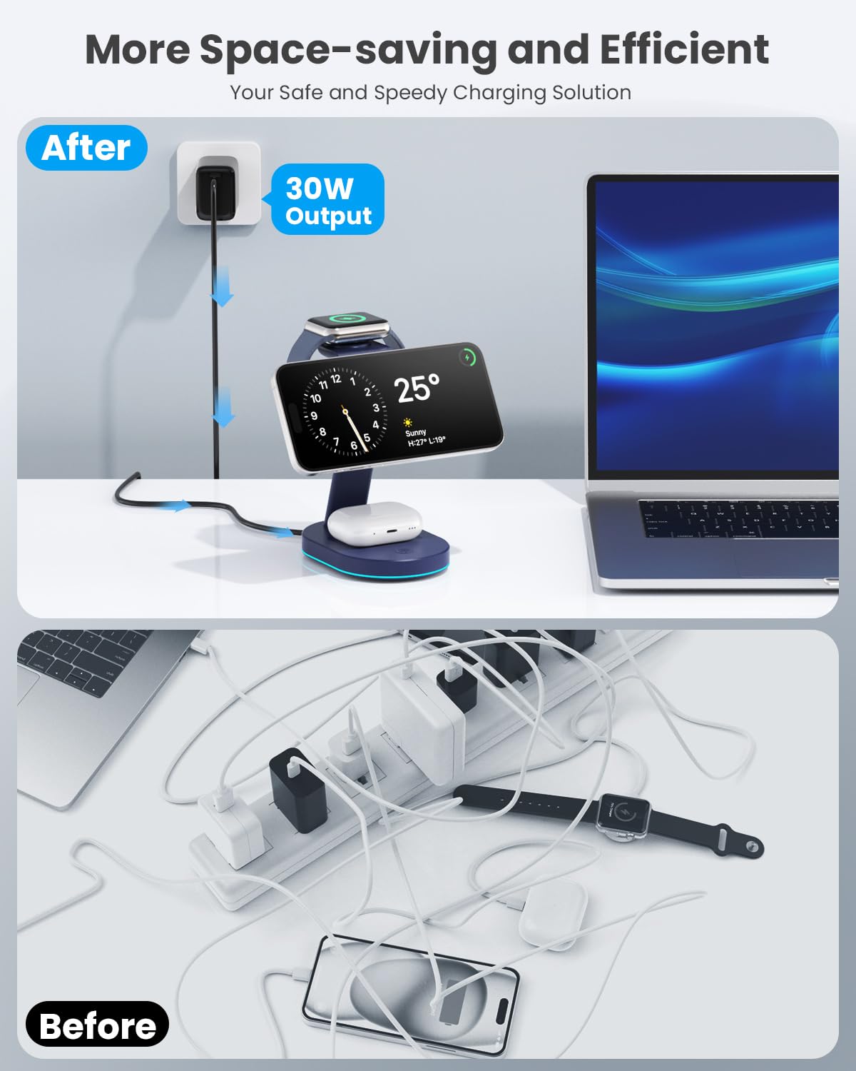 3-in-1 Wireless Charging Station with Qi2 Certified 15W Magnetic Stand - Fast Charger for iPhone 16/15/14/13/12, Apple Watch & AirPods - Includes 30W USB-C Adapter & Night Light - Perfect for Bedside, Office & Travel Charging