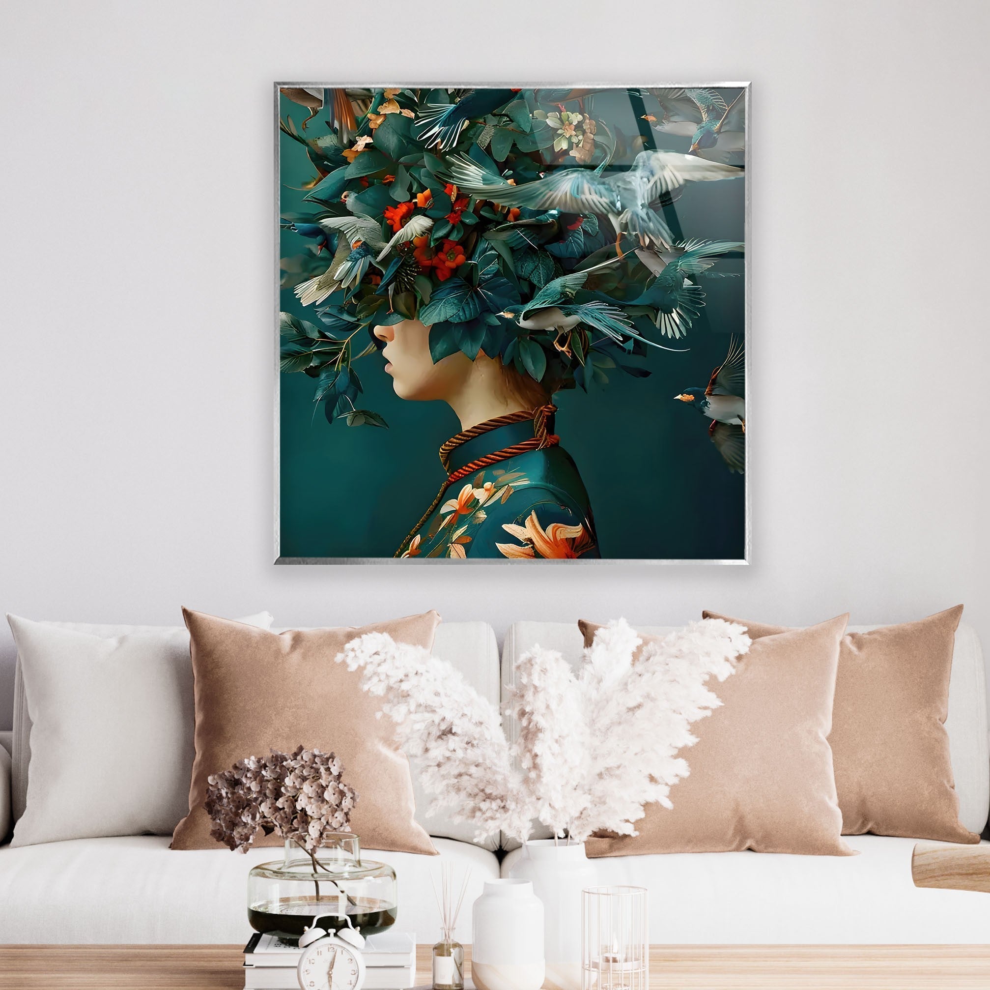 Bird Head Woman Glass Wall Art - Elegant Handmade Glass Decor for Home & Office - Perfect for Living Room, Bedroom, or Gift Giving