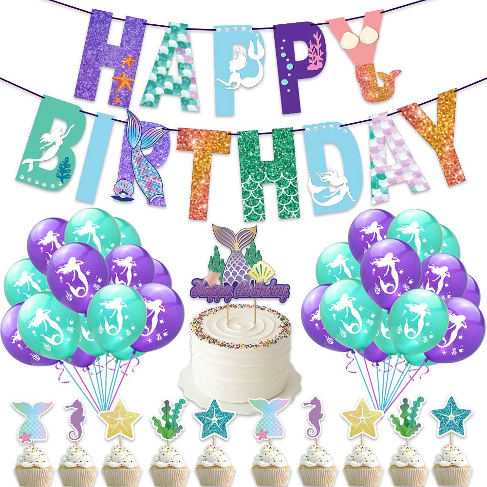 Mermaid Birthday Party Decorations Set - 12'' Balloons, Cake Topper, Cupcake Toppers, Happy Birthday Banners for Girls & Boys - Perfect for Underwater Themed Parties, Kids Birthday Celebrations, and Mermaid Cartoon Animal Theme Events