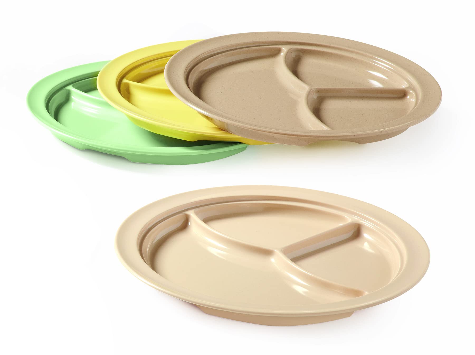 G.E.T. Heavy-Duty 3-Compartment Plastic Divided Plates, 10-Inch Deep Sided Tan Dinner Plates (Set of 12) - Perfect for School Cafeterias, Picnics, and Buffet Serving