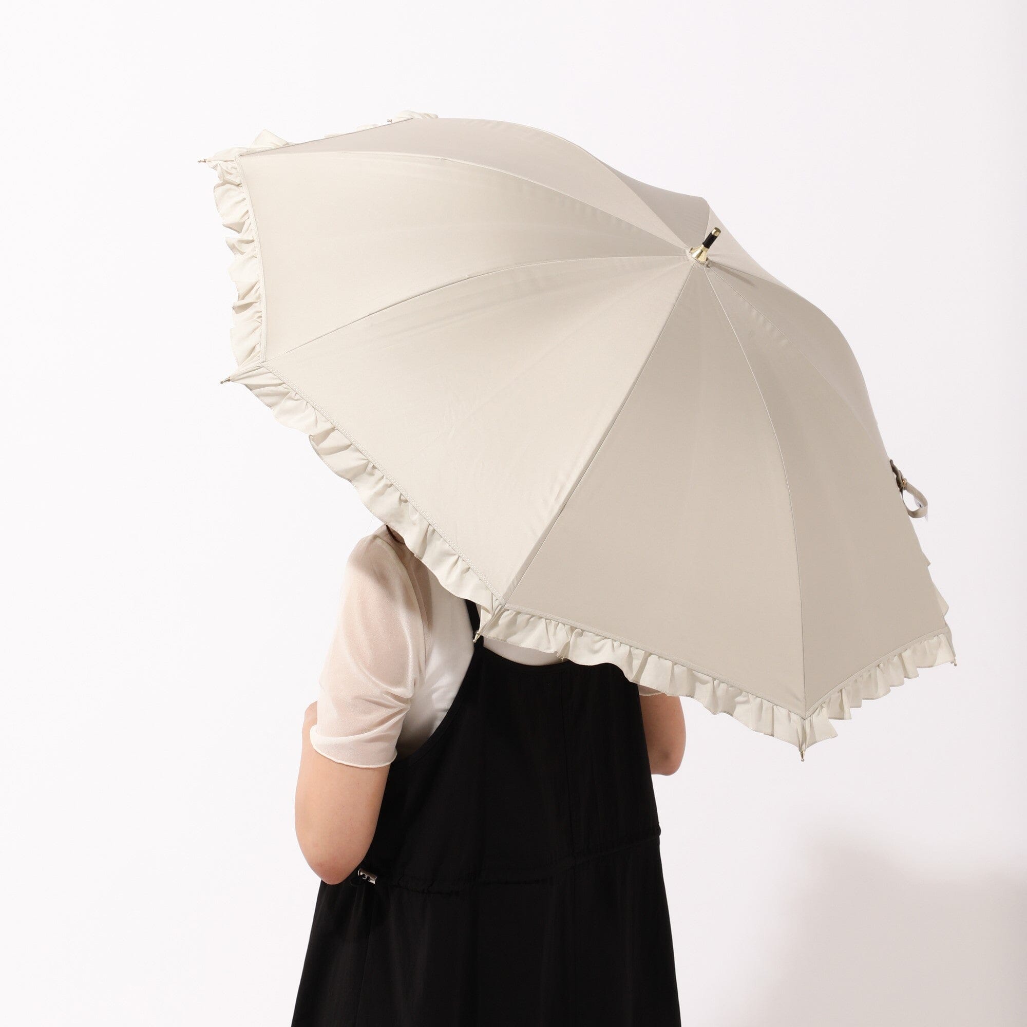 Classic Frill Long Umbrella Beige - Elegant Waterproof Windproof Ladies Parasol for Rainy Days & Outdoor Events