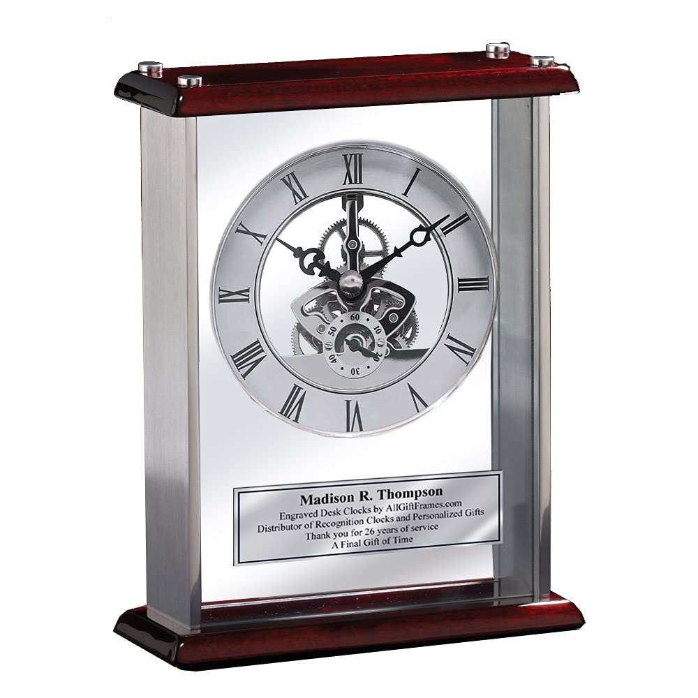 Personalized Engraved Desk Clock for Employee Recognition - Silver Engraving Plate, Large DaVinci Style with Glass Case, Chrome & Cherry Wood Base - Perfect Retirement Gift, Service Award, Office Decor