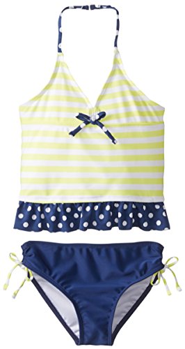 Jantzen Big Girls' 2 Piece Swimwear Set - Striped Tankini Top & Bottom for Summer Beach, Pool, and Water Park Fun