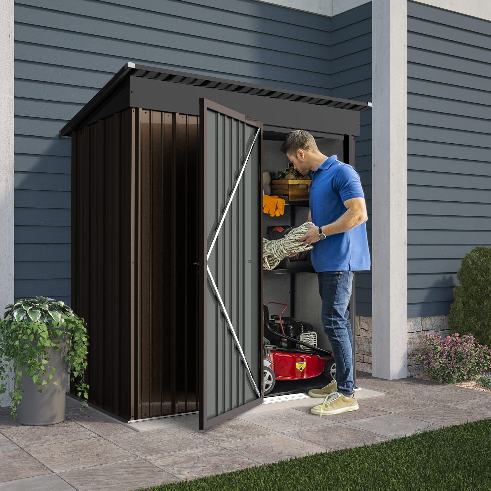 LEMBERI 5x3 FT Outdoor Storage Shed with Floor - Heavy Duty Galvanized Steel Garden Shed with Lockable Door, Waterproof & Rustproof Tool Shed for Backyard, Patio, Lawn (Brown) - Perfect for Storing Gardening Tools, Lawn Equipment & Outdoor Furniture