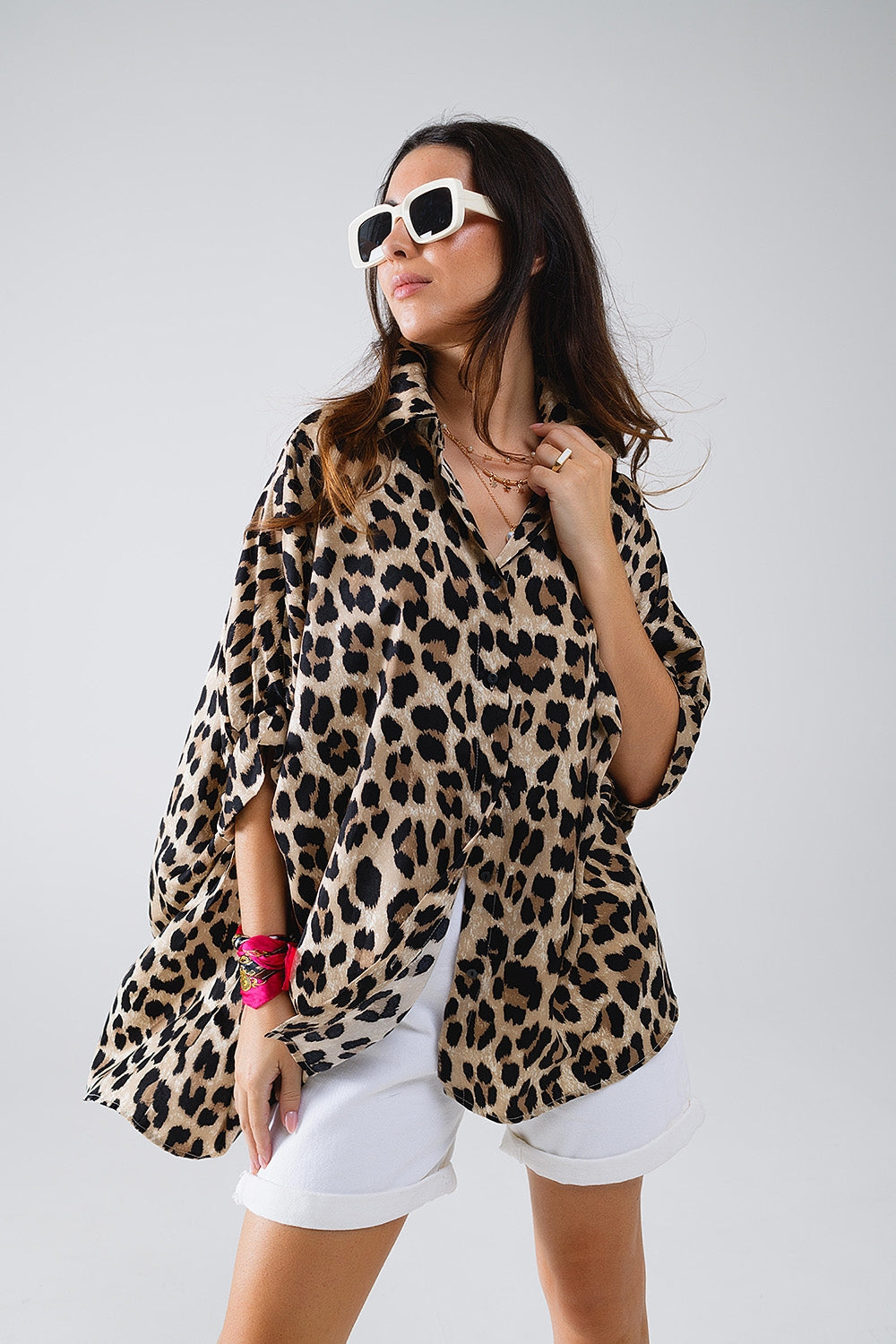 Oversized Leopard Print 3/4 Sleeve Shirt - Women's Fashion Blouse for Casual Wear, Office & Date Night