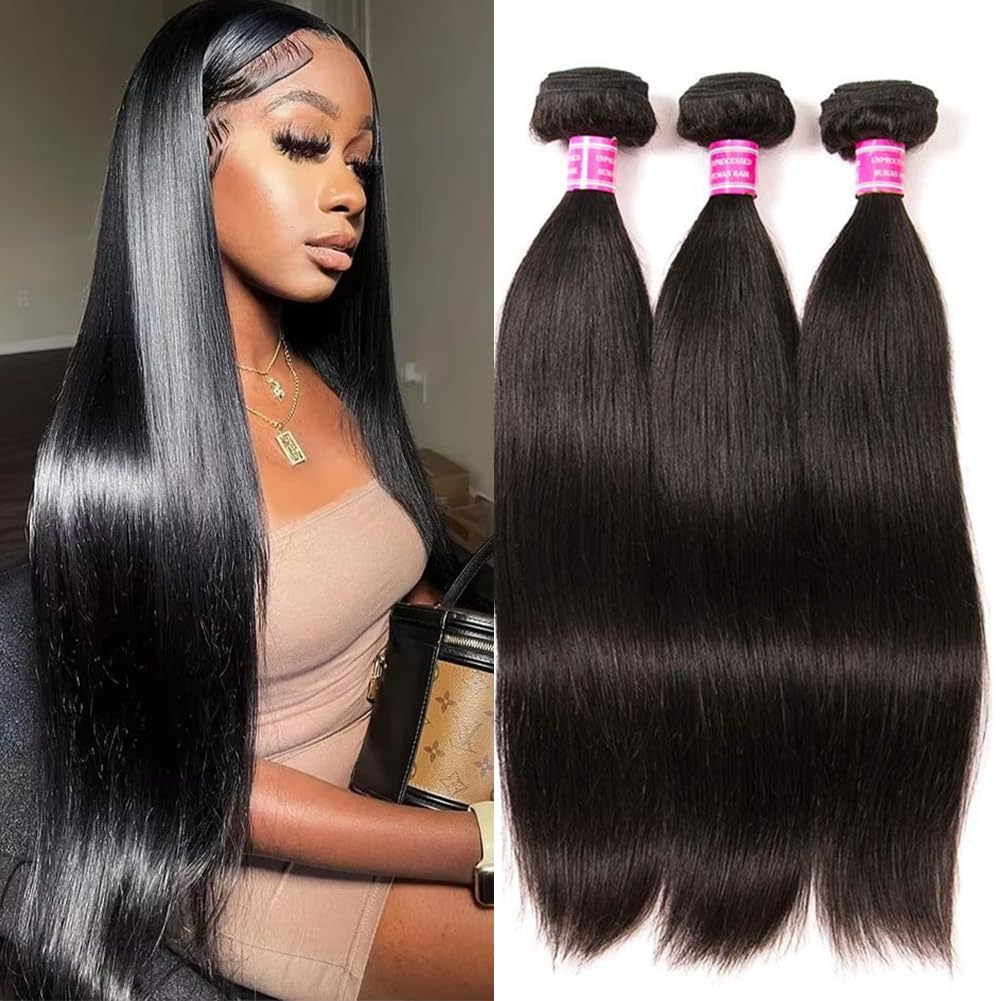 Brazilian Straight Human Hair Weave Extensions - 3 Bundles 10A Grade 100% Virgin Unprocessed Remy Hair - Natural Black Color (22, 24, 26 Inch) for Stunning Length & Volume - Perfect for Daily Wear, Special Occasions & Salon Styling