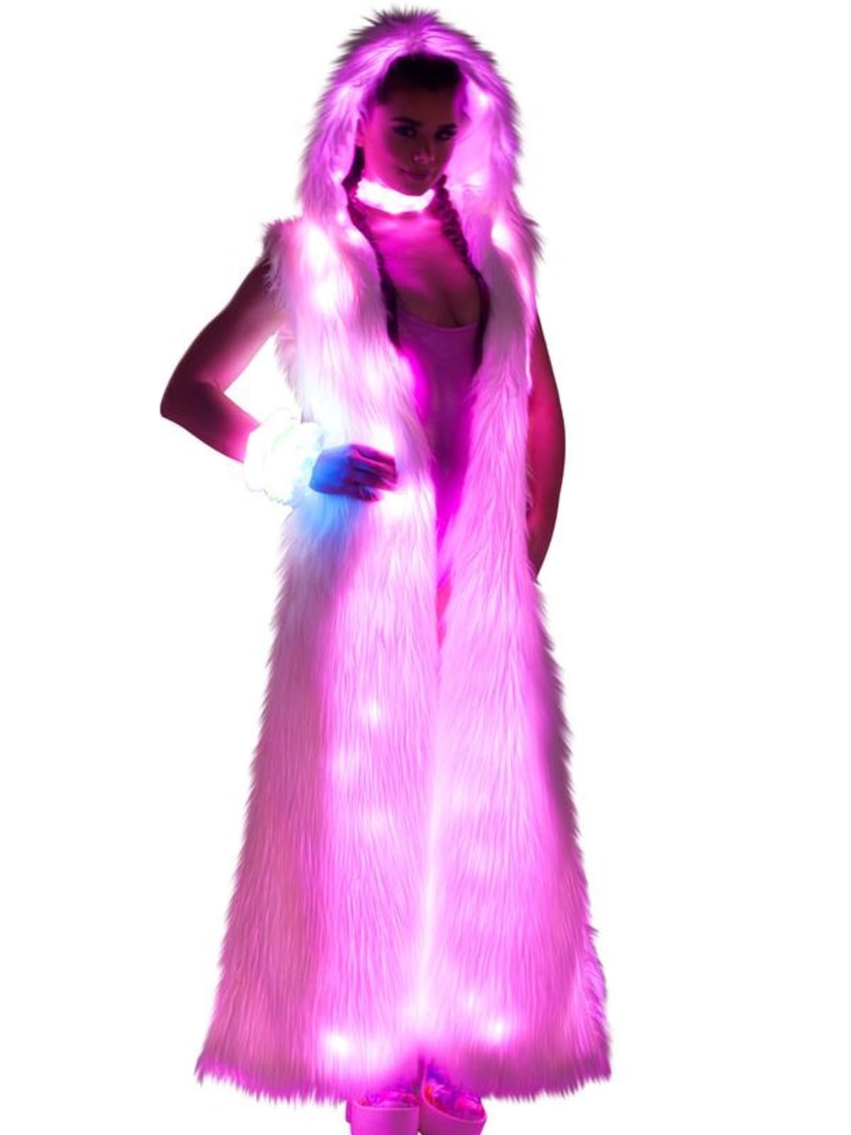 Glow in the Dark LED Fur Coat Jacket - Light Up Disco Rave Jacket for Women & Girls - EDM Party Costume & Festival Clothing - Perfect for Nightclubs, Concerts, Halloween & Rave Parties