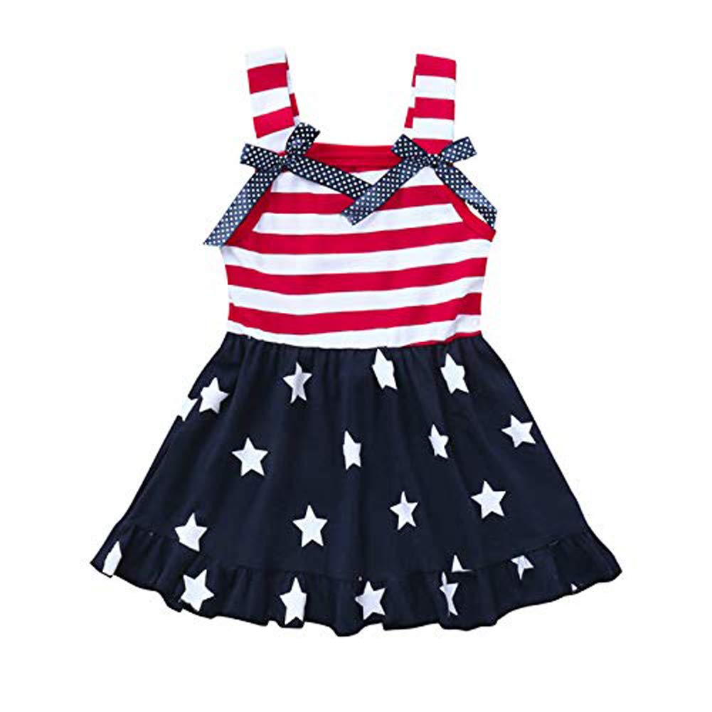 4th of July Toddler Girls' Patriotic Dress - Red White Blue Stars & Stripes Sundress with Bowknot Straps | Independence Day Outfit for Baby & Kids | Perfect for Summer Parties, BBQ, Fireworks & National Celebrations
