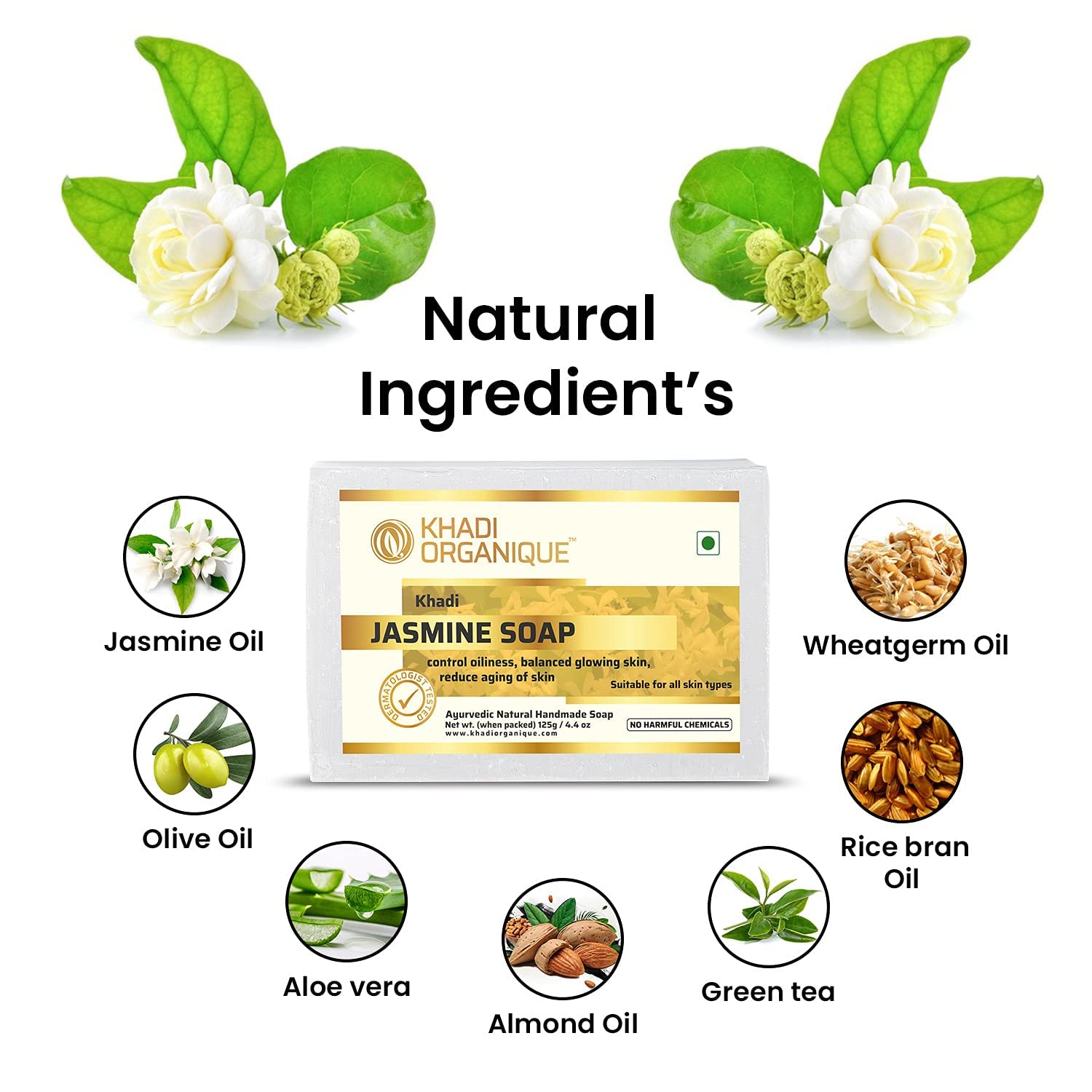 Khadi Organique Handmade Jasmine Soap - Pack of 3 | Natural & Organic Skincare by Dominion Care | Perfect for Sensitive Skin & Daily Cleansing