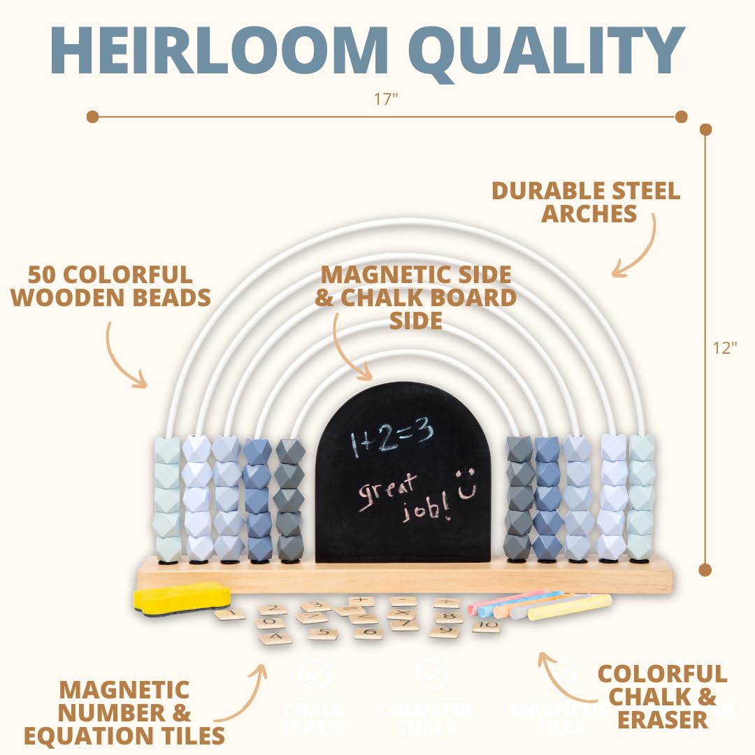 Large Blue Rainbow Abacus with Magnetic Chalkboard - Educational Math Toy for Kids Ages 3+ | Learn Counting, Addition & Subtraction | Montessori Learning Tool | 17 Inch Counting Beads for Classroom & Homeschool