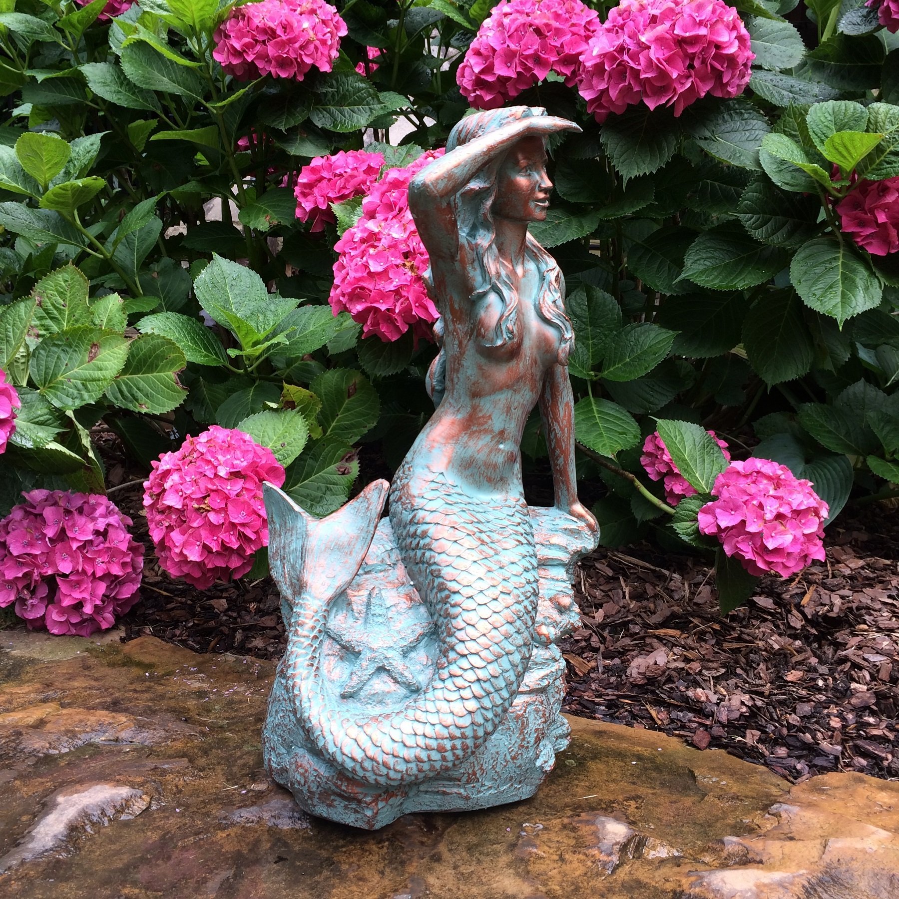 HomeStyles Medium Classic Beach Mermaid on Rock Statue 99371 - 23 Inch Bronze Patina Outdoor Garden Decor for Poolside, Patio & Coastal Themed Spaces