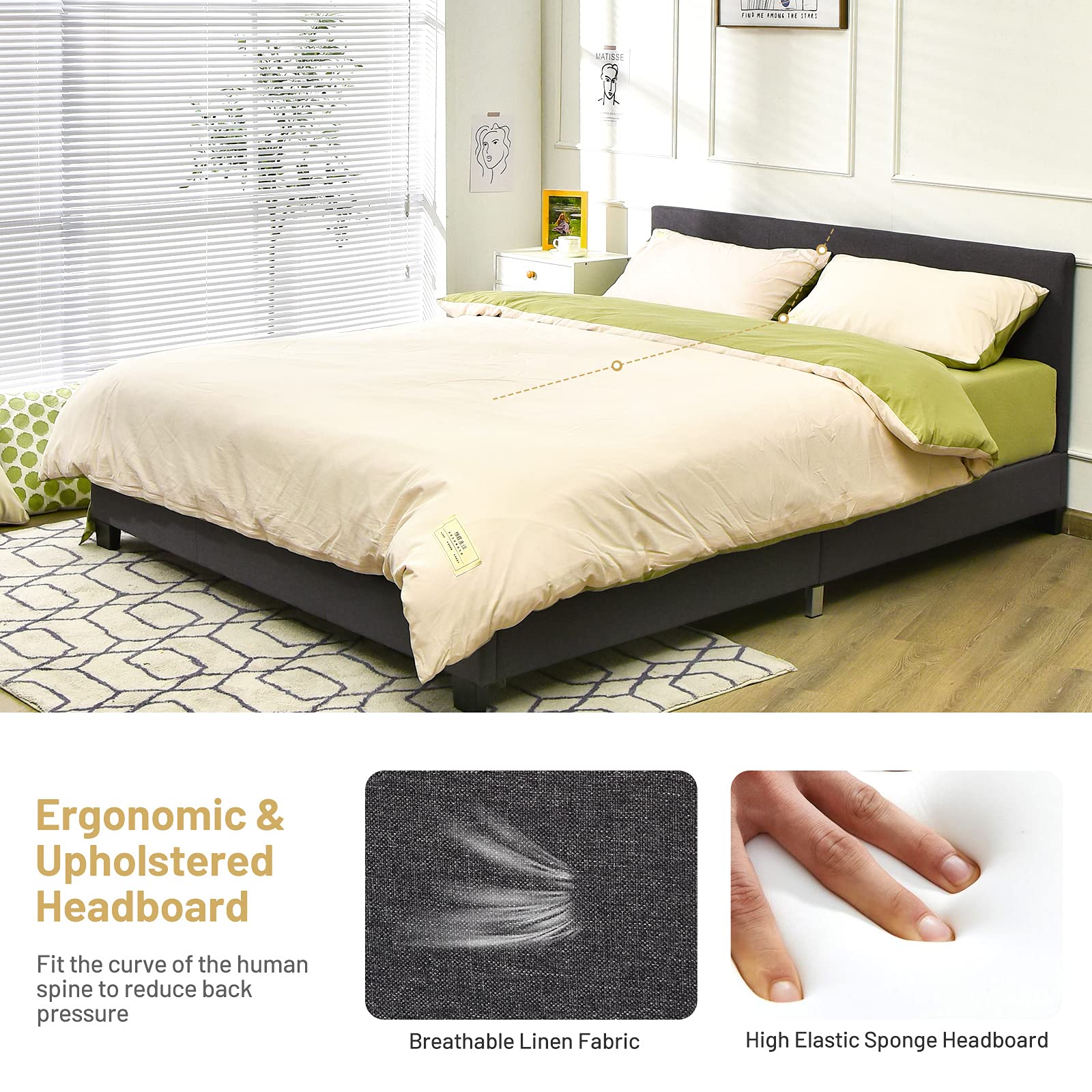 Giantex Full Size Upholstered Platform Bed Frame with Headboard - Heavy Duty Wooden Slat Support, No Box Spring Needed - Easy Assembly Bedroom Furniture for Master Bed, Guest Room & Dorm