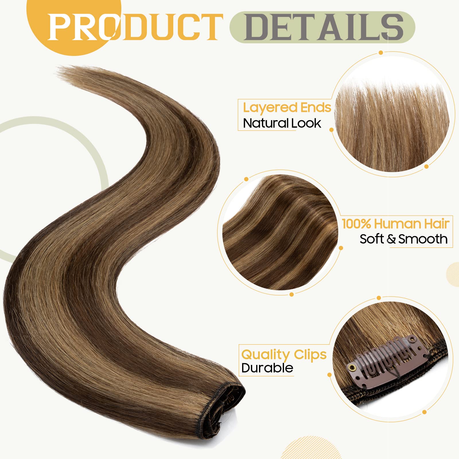 24 Inch Clip-In Human Hair Extensions - Remy Real Human Hair, Balayage Medium Brown & Dark Blonde, 8PCS 80g, Natural Straight for Women | Perfect for Volume, Length & Styling for Parties, Weddings & Daily Wear (#4P27)