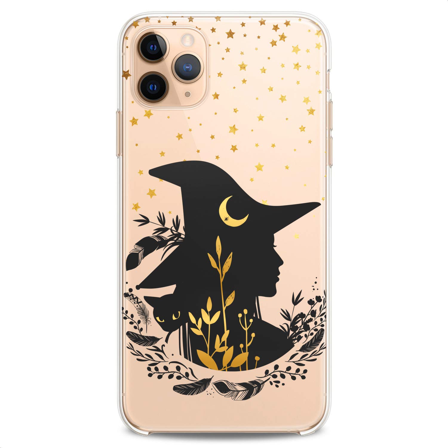Bohemian Witch Clear Night TPU Phone Case for iPhone 16/15/14/13/12/11 Pro Max/Plus/Mini/XS/XR/X/8+/7/6/5/SE - Magical Cute Slim Golden Stars & Black Cat Design Flexible Silicone Cover | Perfect for Women's Fashion, Daily Protection & Gift Giving