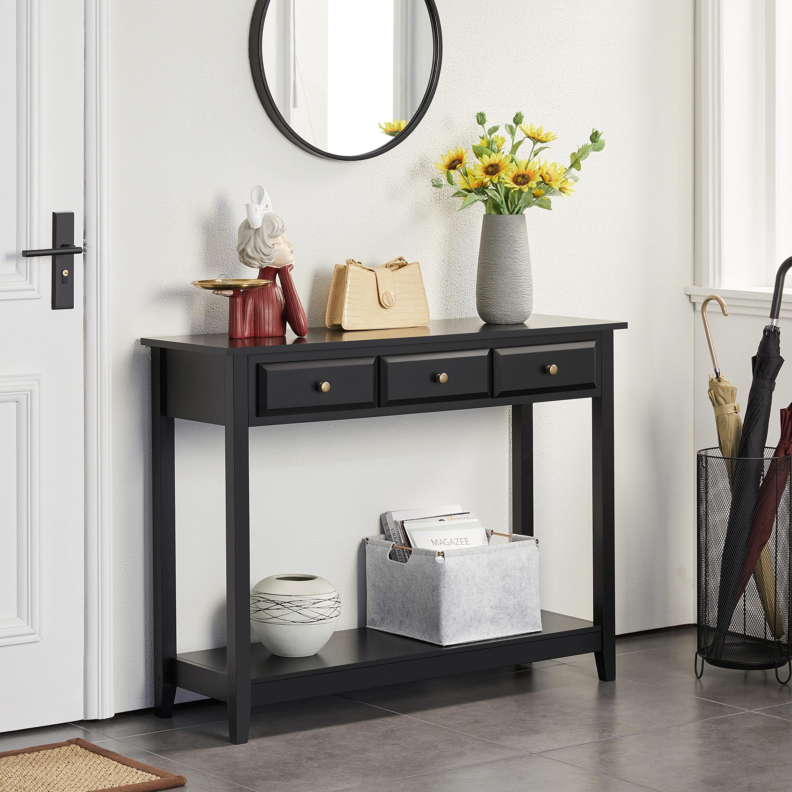 Yaheetech 3-Drawer Wooden Console Table with Storage Shelf - Narrow Long Entryway Sofa Table for Living Room, Hallway, Foyer - Perfect for Small Spaces & Home Organization (Black)