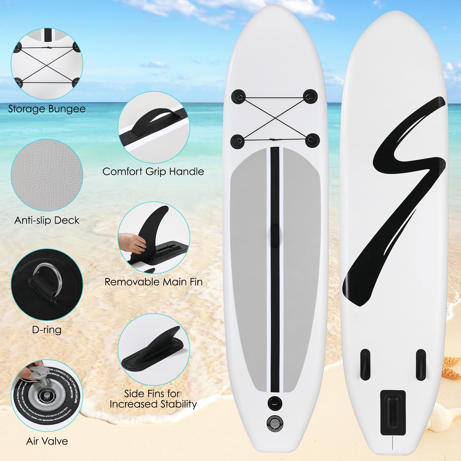 10FT Inflatable Stand Up Paddle Board with SUP Accessories - Lightweight & Portable for Adults & Kids | Includes Carry Bag, Paddle, Hand Pump, Non-Slip Deck, Repair Kit & Leash (White) | Perfect for Yoga, Fishing & Ocean/Lake Adventures