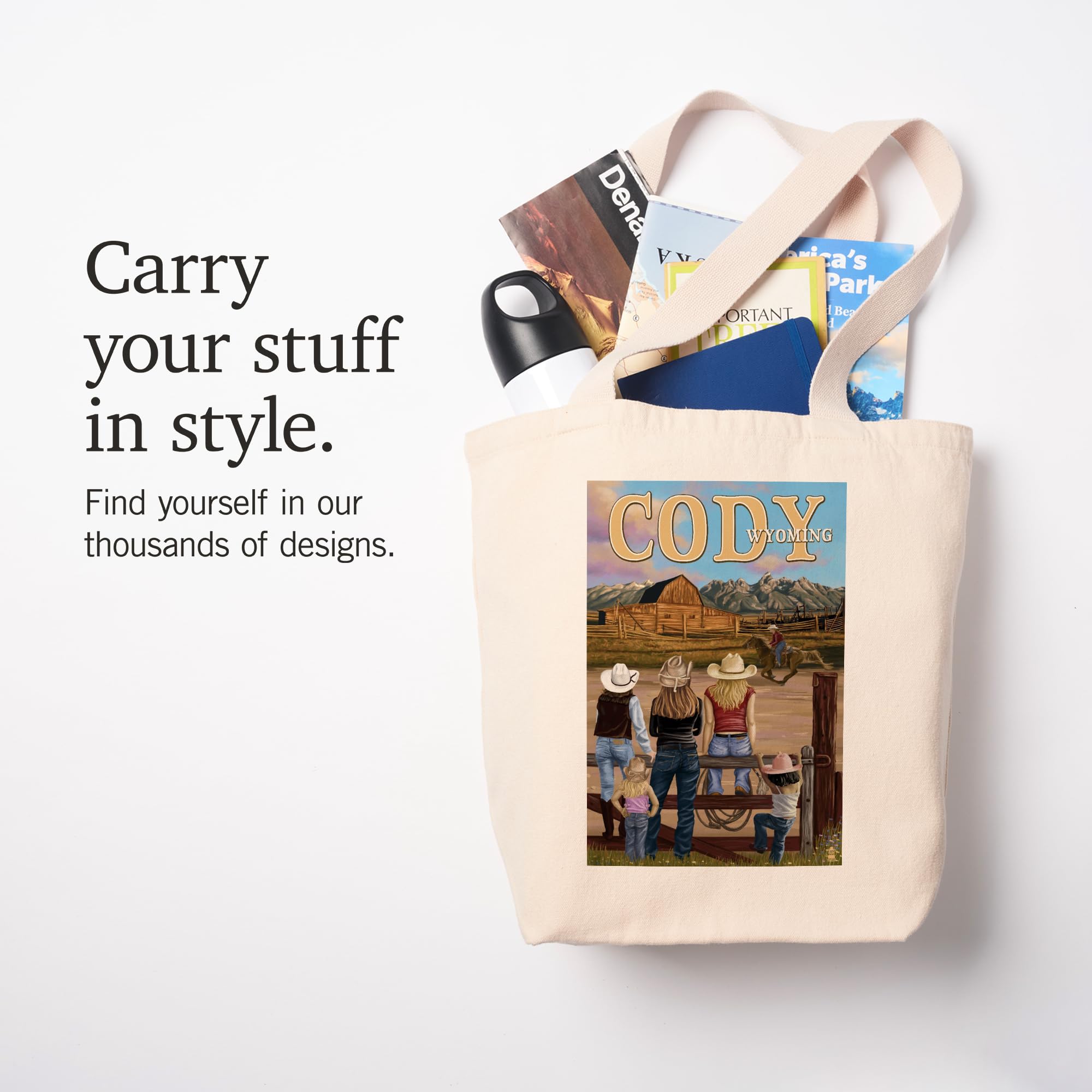 Cody Wyoming Cowgirls Scene Tote Bag - 100% Cotton Canvas Reusable Shopping Bag for Groceries, Beach & Farmers Market