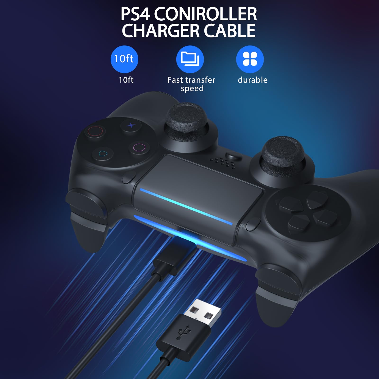 10FT PS4 Controller Charging Cable - Micro USB Cord Compatible with Xbox One S/X, PS4 Slim/Pro, DualShock 4 & Fire Stick - Fast Charging & Data Sync for Gaming Accessories - Perfect for Long Gaming Sessions & Home Entertainment Setup