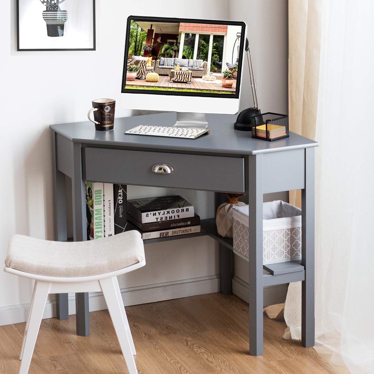 KOTEK Corner Desk with Drawer and Shelves - Wooden Home Office Desk, Triangle Computer Desk for Small Spaces, Writing Study Desk & Workstation, Makeup Vanity Table (Grey) - Perfect for Home Office, Gaming Setup, Dorm Room & Bedroom Workspace