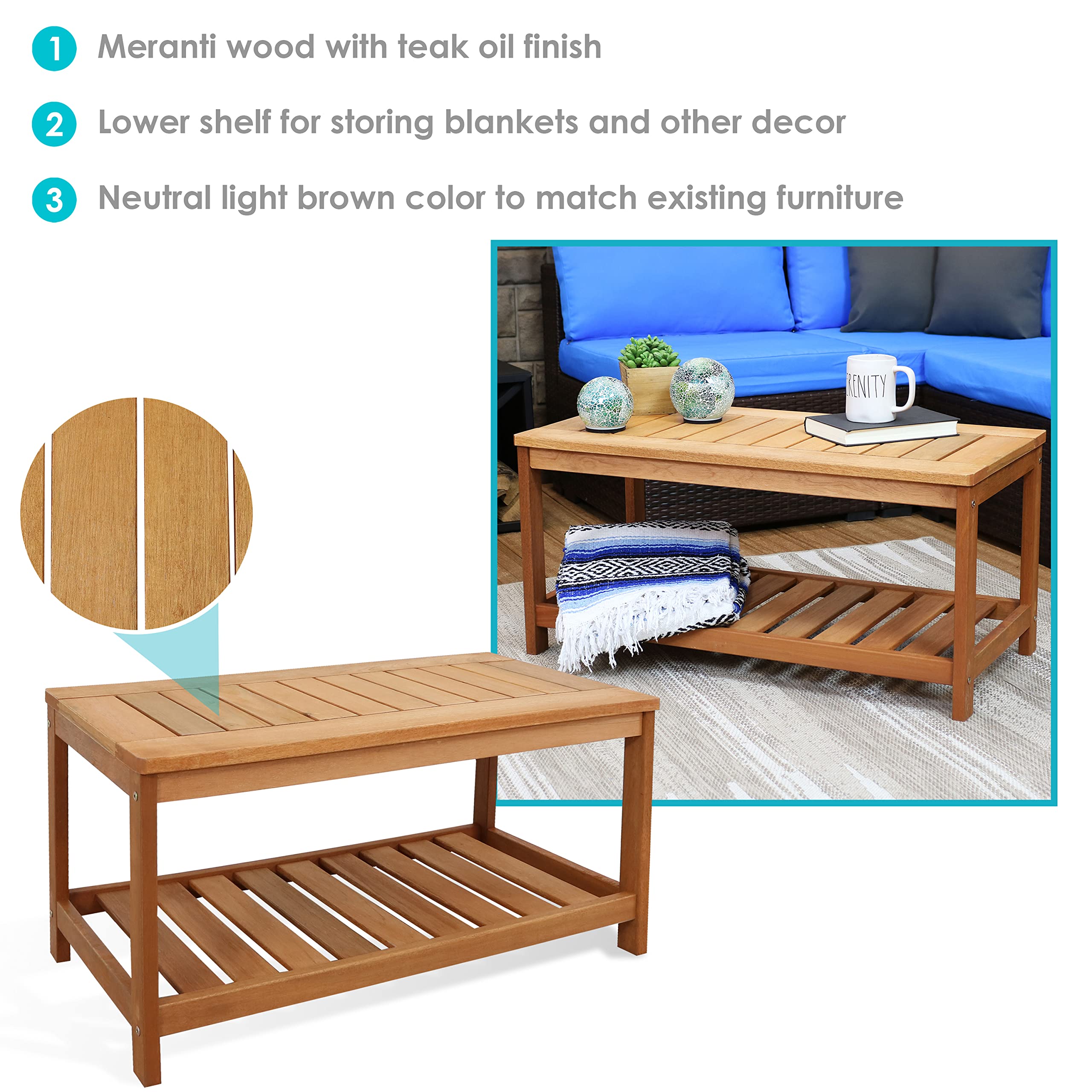 Sunnydaze 35-Inch Meranti Wood Outdoor Patio Coffee Table with Teak Oil Finish - Weather-Resistant for Garden, Poolside & Backyard Decor