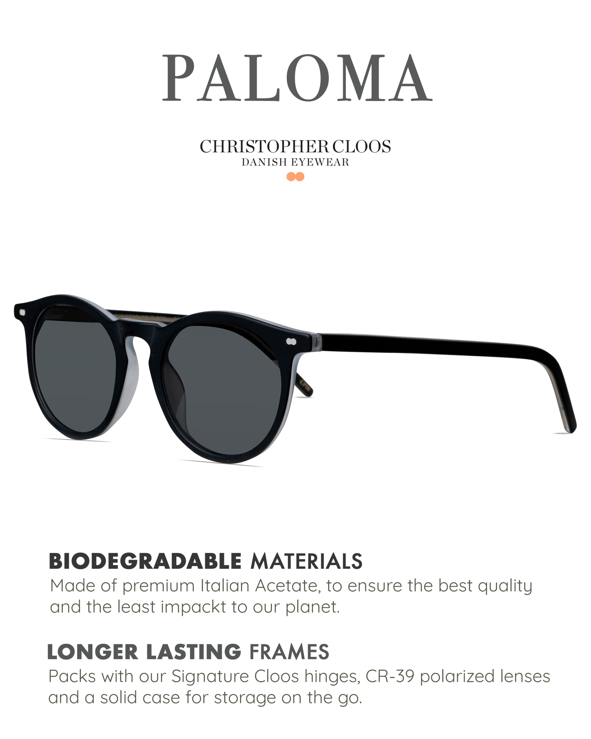 Christopher Cloos Paloma Coal Round Polarized Sunglasses for Men & Women – UV Protection, Trendy Unisex Shades with Case – Perfect for Driving, Beach & Outdoor Activities