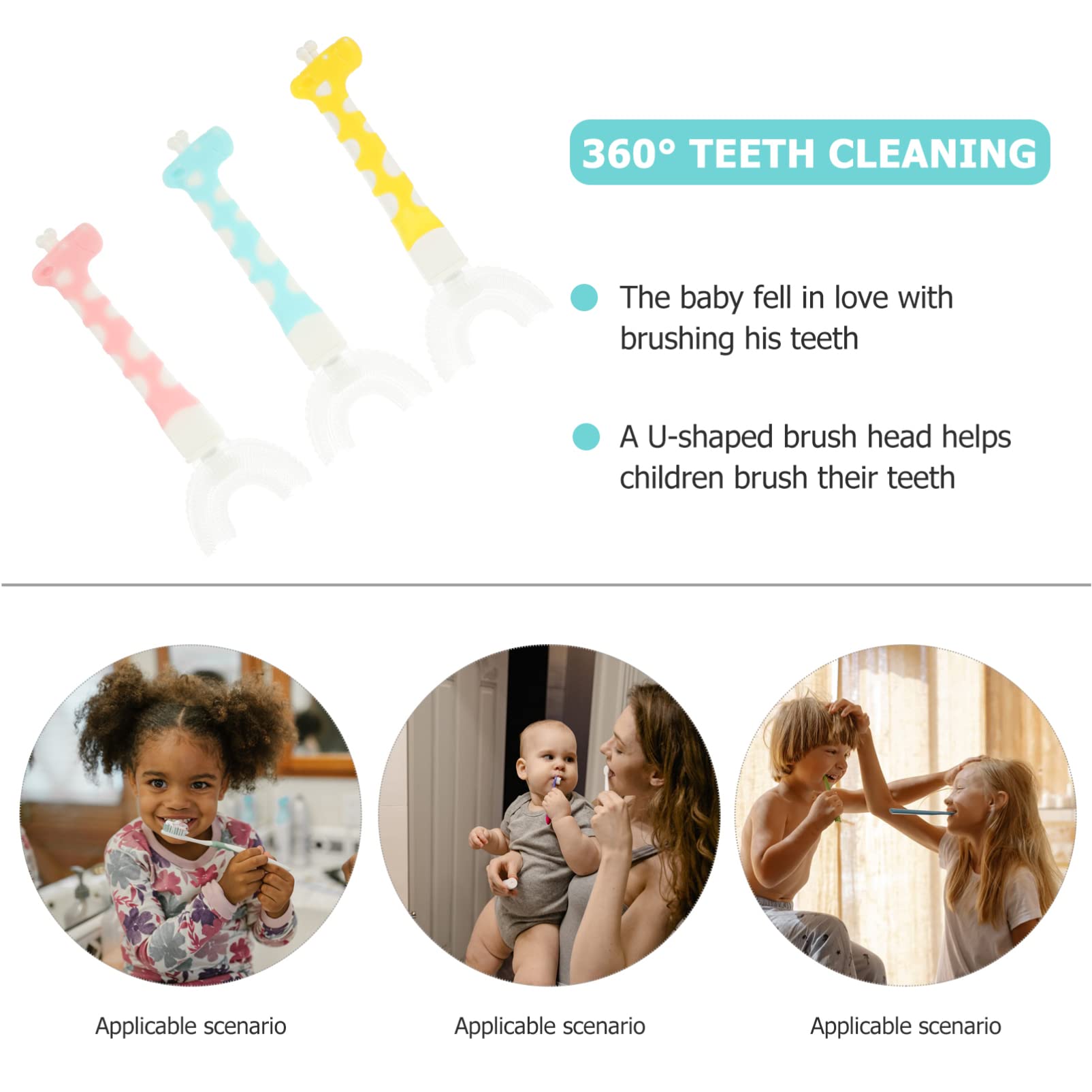 U-Shaped Silicone Toothbrush for Kids 4-8 Years Old - 3 Pack Manual Whole Mouth Toothbrushes for Oral Cleaning & Massage | Perfect for Teeth Training & Gentle Brushing for Boys & Girls