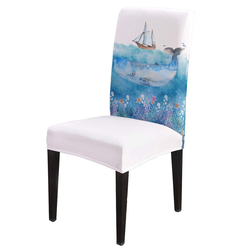 Whale and Sailboat Stretch Chair Covers 8 Pack - Waterproof Dining Chair Slipcovers, Removable Seat Protectors for Kitchen, Banquet, Restaurant - Ocean Sailing Coral Design Home Decor