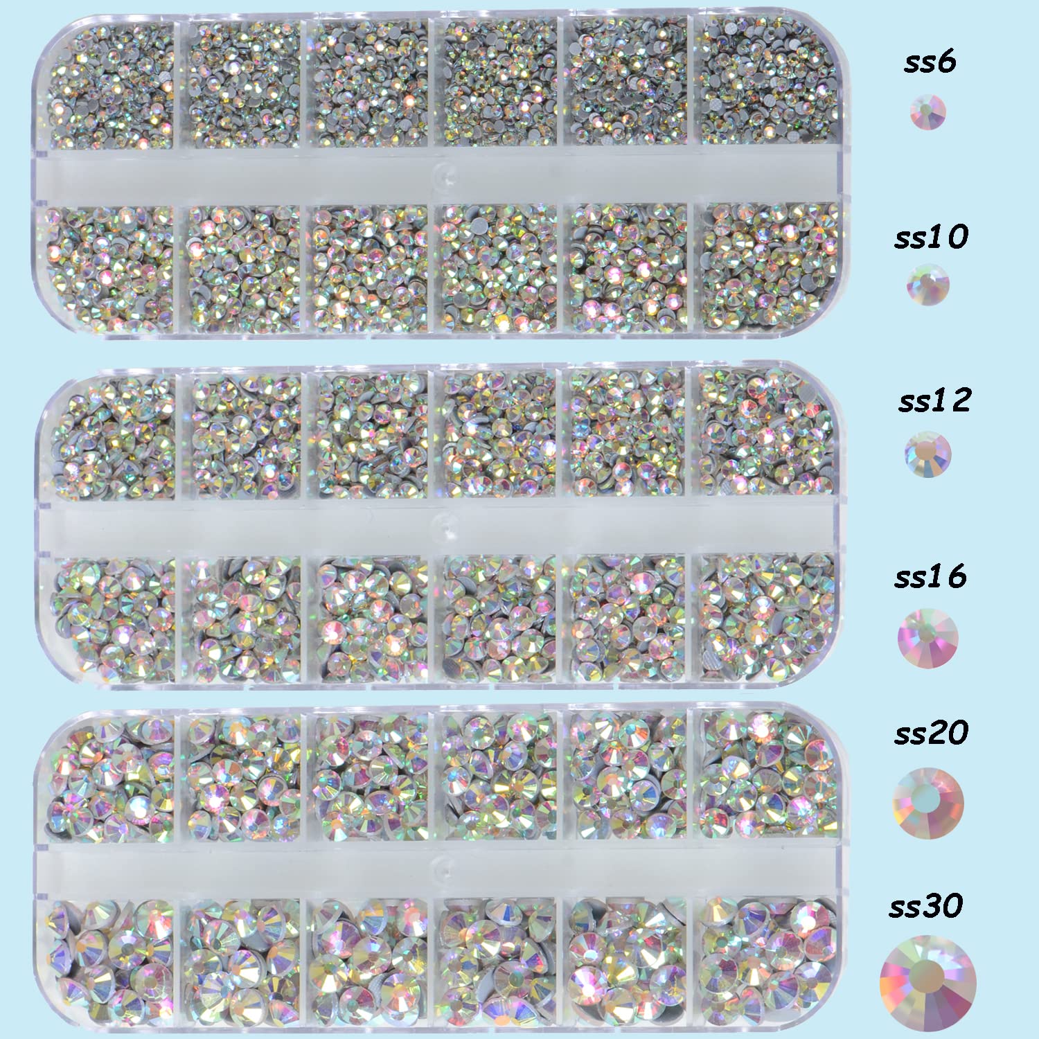 6500pcs Flatback Glass Rhinestones Kit - Hotfix Iron On Crystals for DIY Crafts, Clothes, Shoes, Bags & Nail Art | Includes 1 Tweezer & 1 Picking Pen | Crystal AB Mix (6 Sizes) - Perfect for Costume Design, Fashion Embellishments & Wedding Decorations