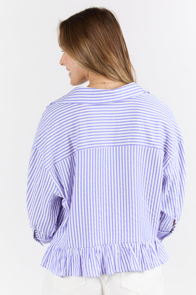 Stylish Blue Ruffle Hem Textured Stripe Button Down Blouse for Women - Perfect for Office Wear, Casual Outings & Date Nights
