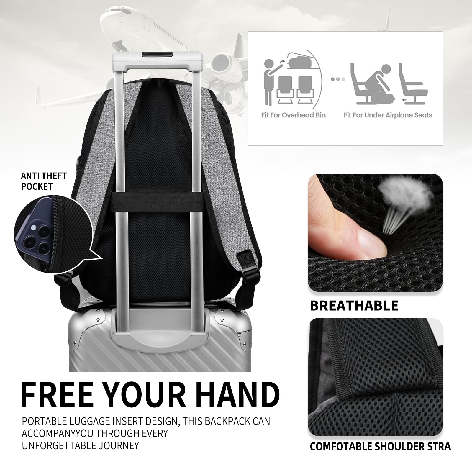 Durable 15.6 Inch Laptop Backpack for Men & Women - USB Charging Port, Water-Resistant School Bookbag for College, High School, Work & Travel - Perfect Business Computer Backpack (Grey) | Ideal for Daily Commute, Office & Study Essentials