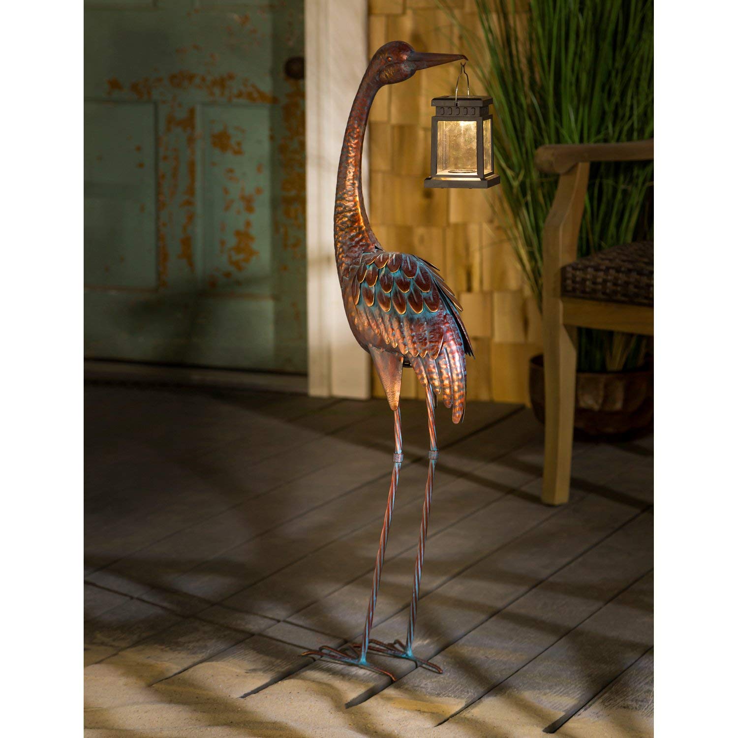 Solar-Powered Metal Crane Garden Statue with LED Lantern - 4 x 4 x 34 Inch Outdoor Decor for Patio, Yard & Garden | Elegant Home Decoration for Asian-Themed Spaces
