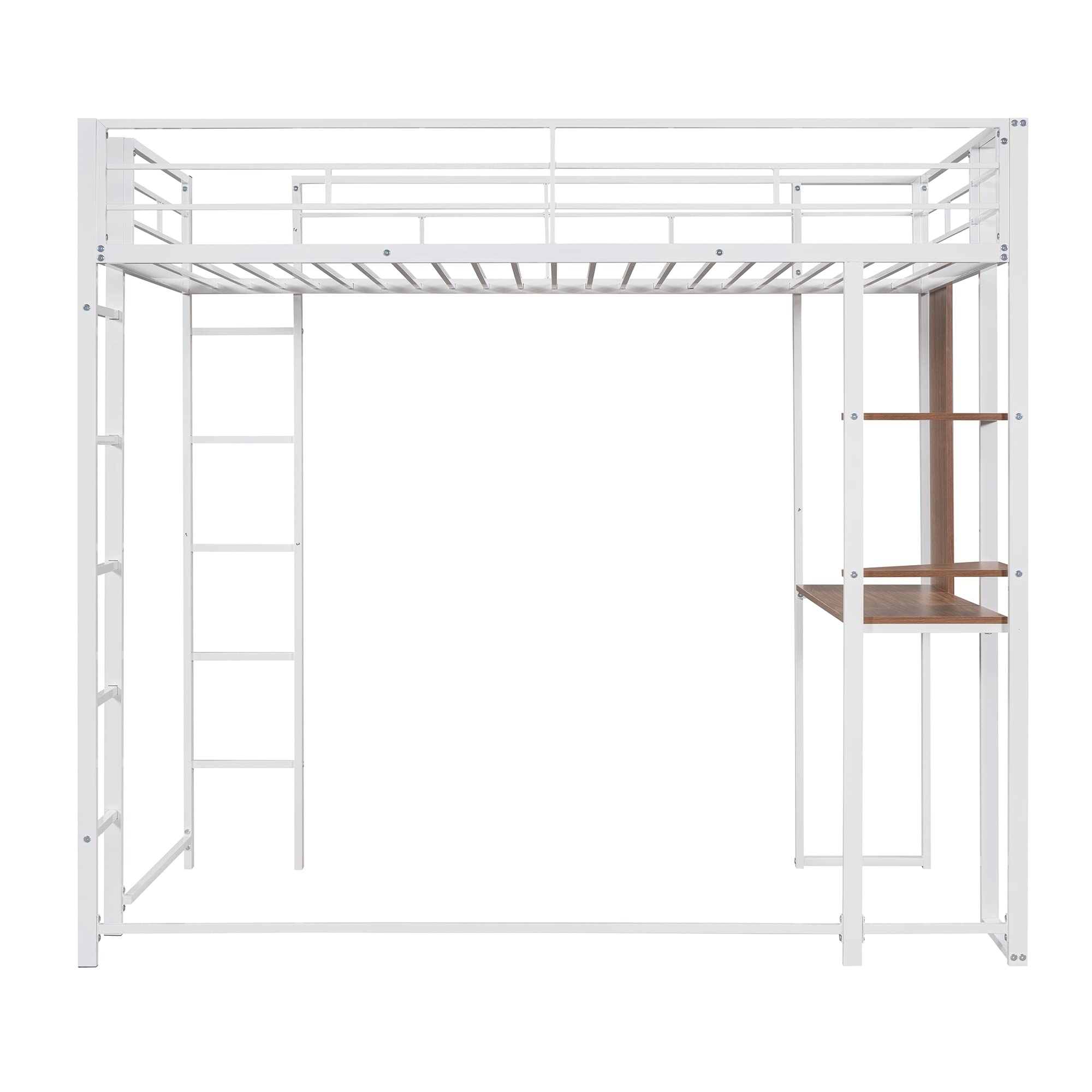 Metal Loft Bed with Desk & Shelves - Twin Size Study Bed Frame with Safety Guard Rails & Ladder - Space Saving Kids Furniture with Under-Bed Storage - Perfect for Small Bedrooms & Dorm Rooms (White)