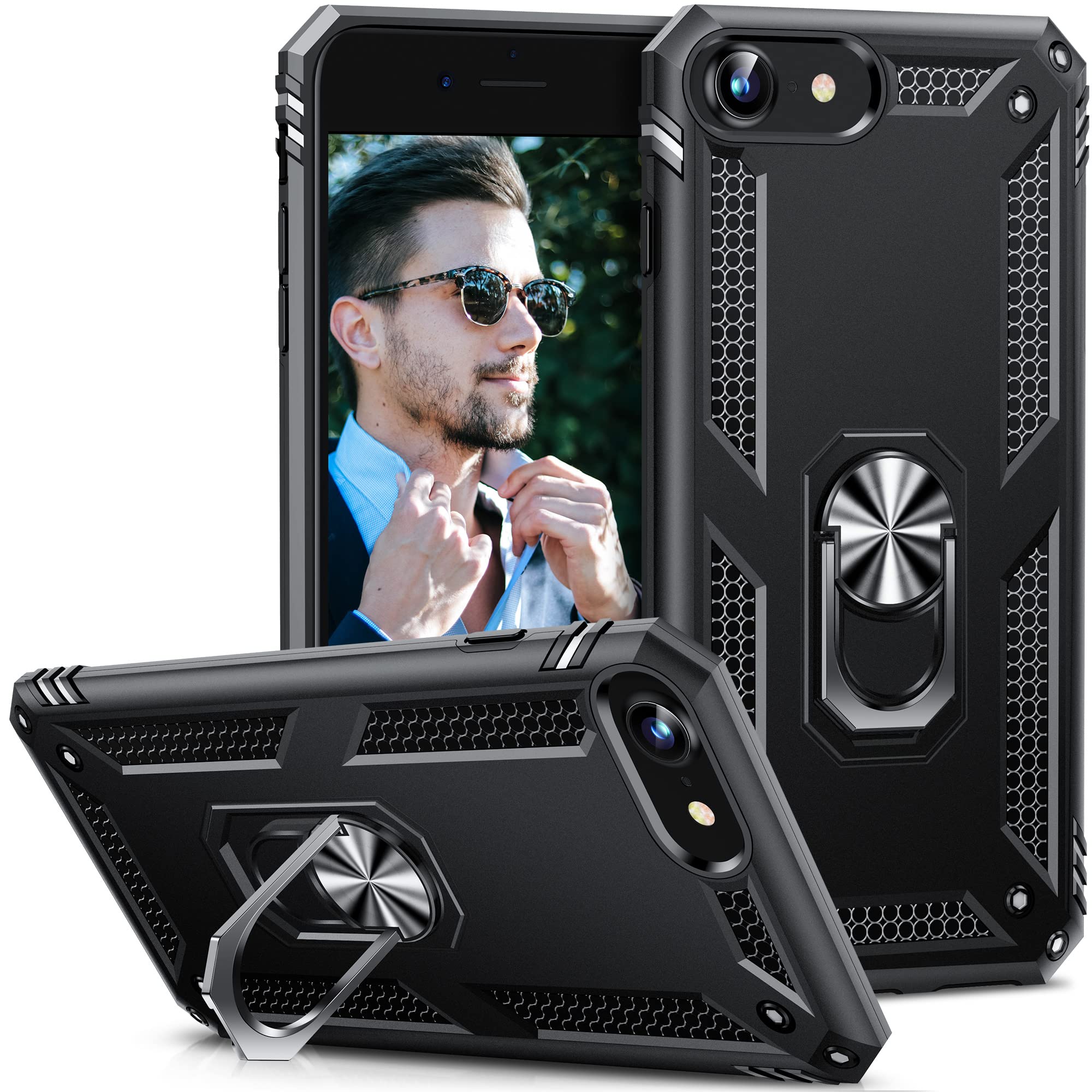 USLAI Kickstand Case for iPhone SE/8/7 - Shockproof Slim Cover with 360° Ring Stand | Perfect for Work & Travel