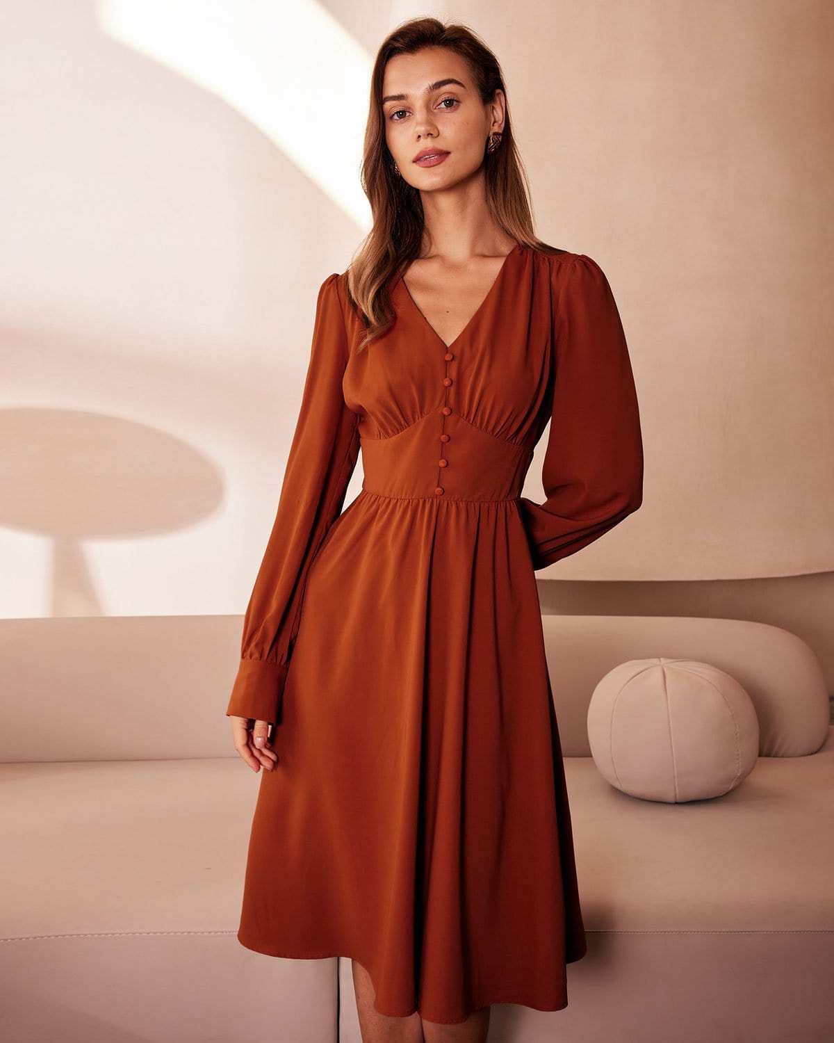 Stylish Orange V-Neck Pleated Button Midi Dress for Women - Perfect for Summer Parties, Weddings & Casual Outings