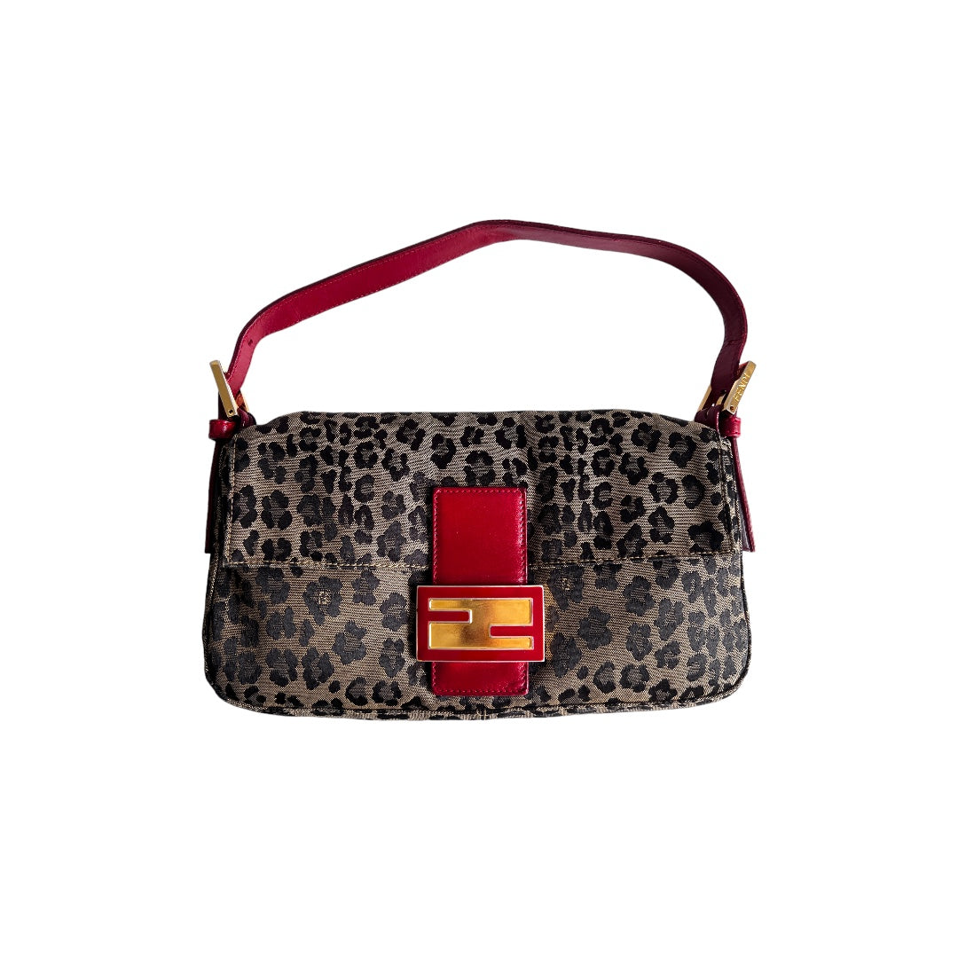 Vintage Fendi Leopard Print Canvas Enamel Buckle Baguette Bag - Stylish Crossbody Purse for Women, Perfect for Parties, Dates & Everyday Use