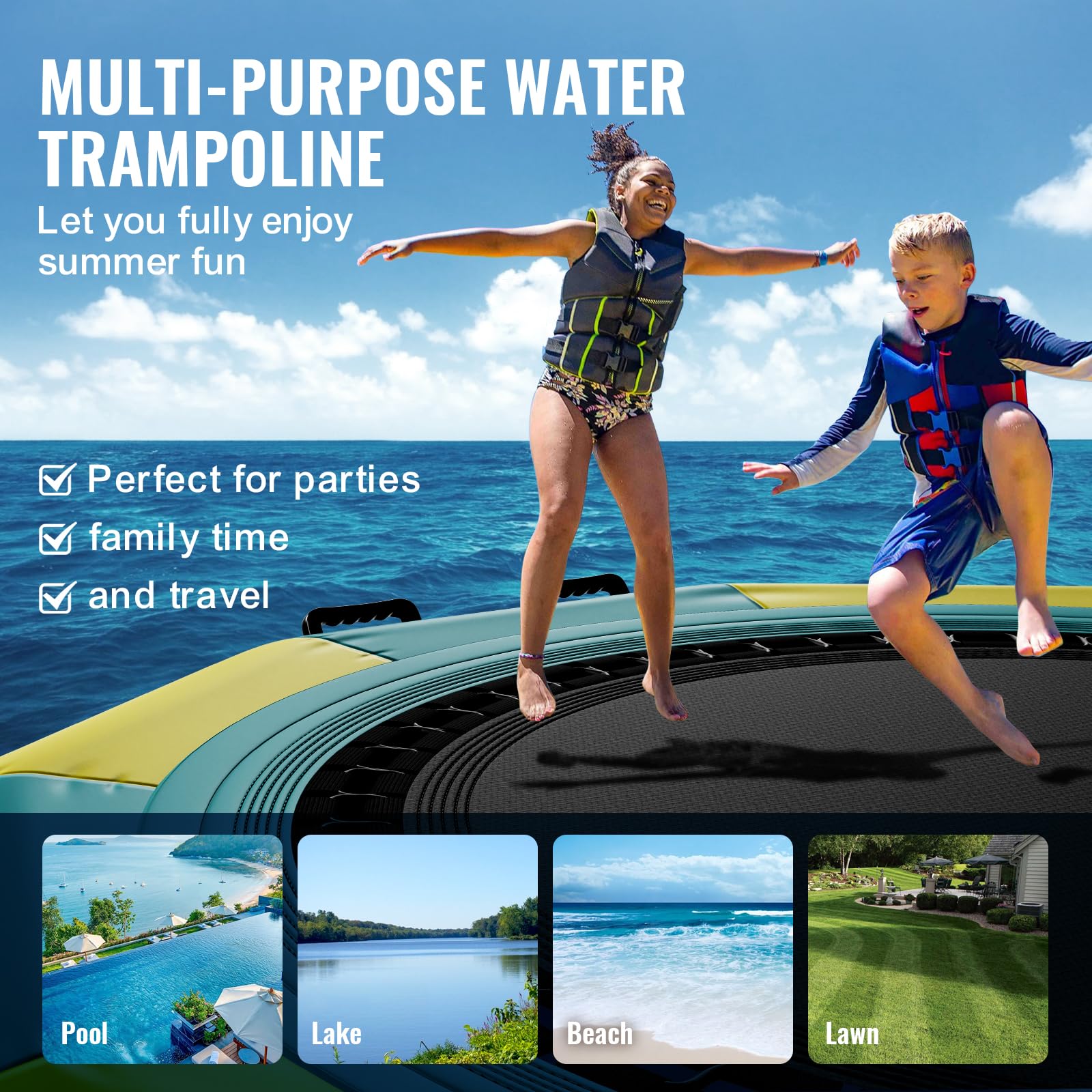 VEVOR 10ft Inflatable Water Bouncer - Portable Water Trampoline with Electric Air Pump & 3-Step Ladder - Floating Rebounder for Kids & Adults - Perfect for Pool, Lake, Beach & Water Sports Fun