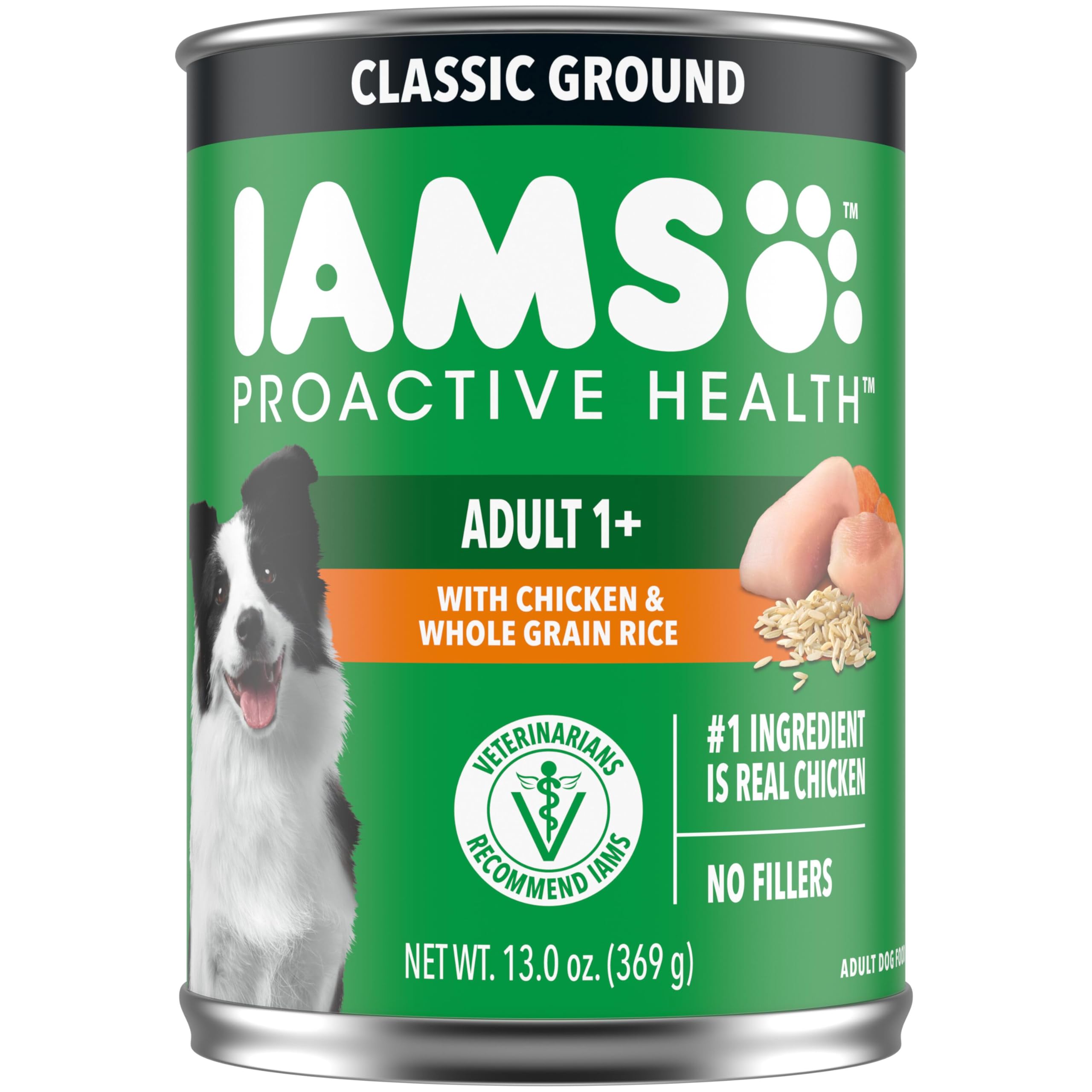 Iams Proactive Health Adult Wet Dog Food - Classic Ground Chicken & Rice Recipe, 13 oz Can - High Protein Meal for Active Dogs, Perfect for Training & Outdoor Adventures