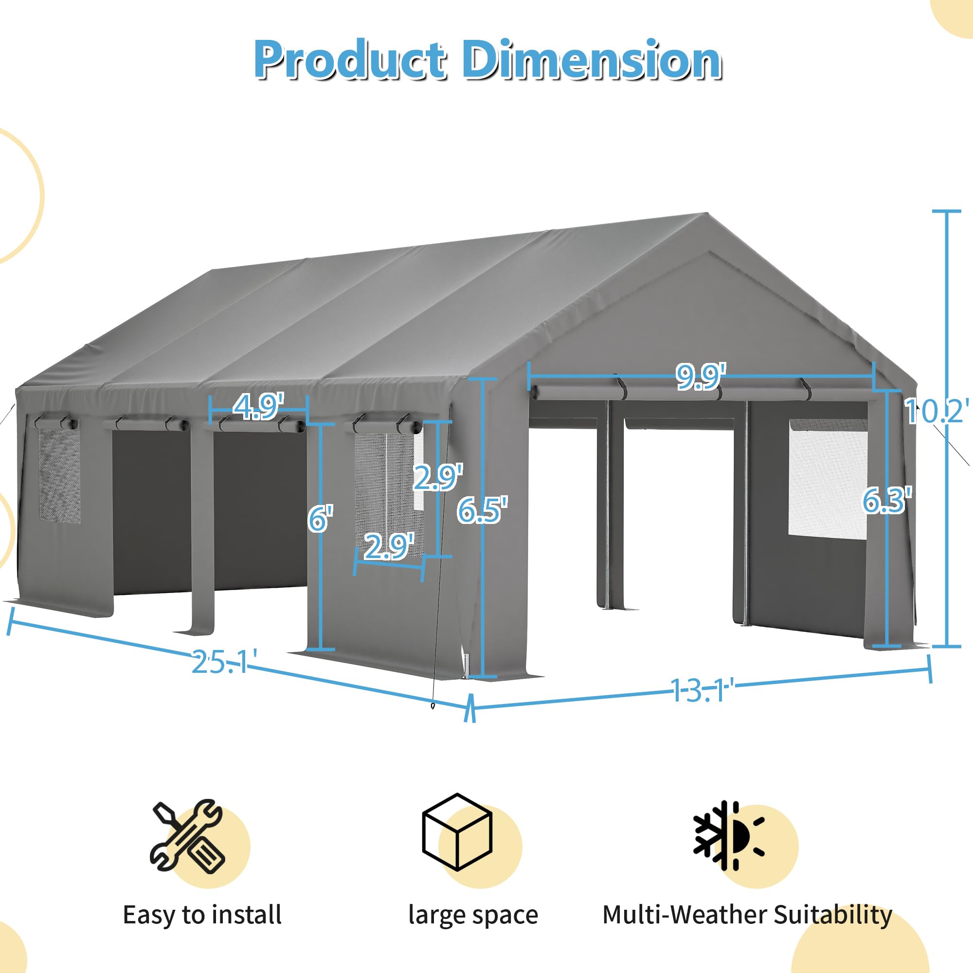 Heavy Duty 25x13 ft Steel Carport with 4 Roll-Up Doors & Windows - Extra Large Portable Outdoor Garage for Pickup Trucks, SUVs, Travel Trailers | Weatherproof Shelter for Camping, RV Storage & Vehicle Protection